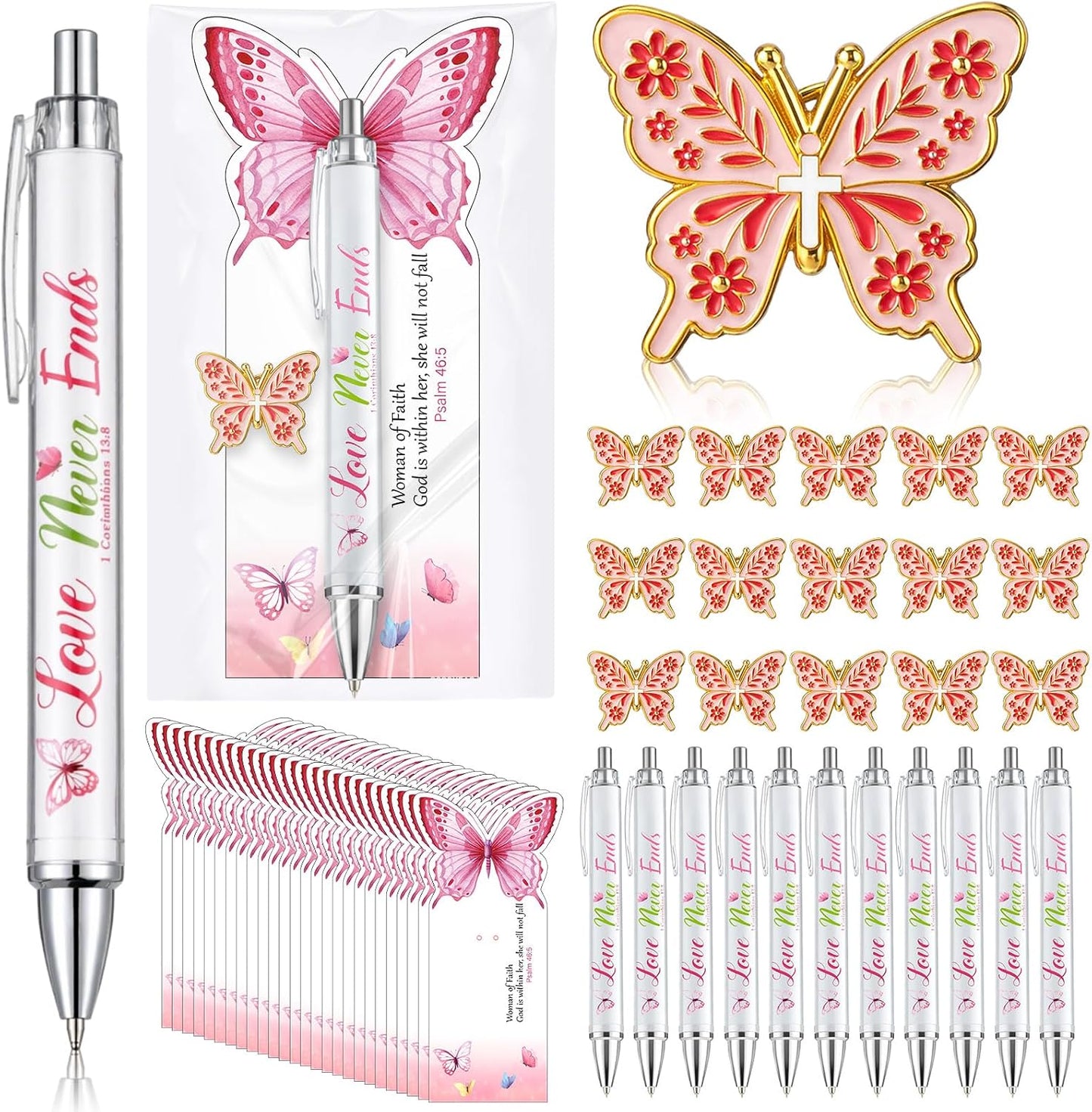 Christian Gifts for Women of Faith - 25 Set with Butterfly Pins, Pens, Cards & Bags | Bible Verse Party Favors