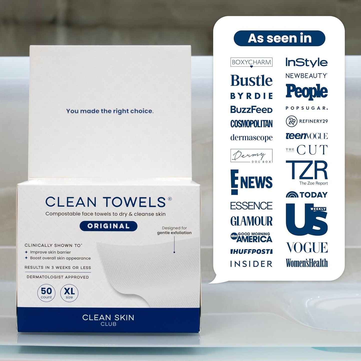 Clean Skin Club Clean Towels XL® - 100% Biobased Disposable Face Towels | Ultra Soft Makeup Remover, 50 Ct