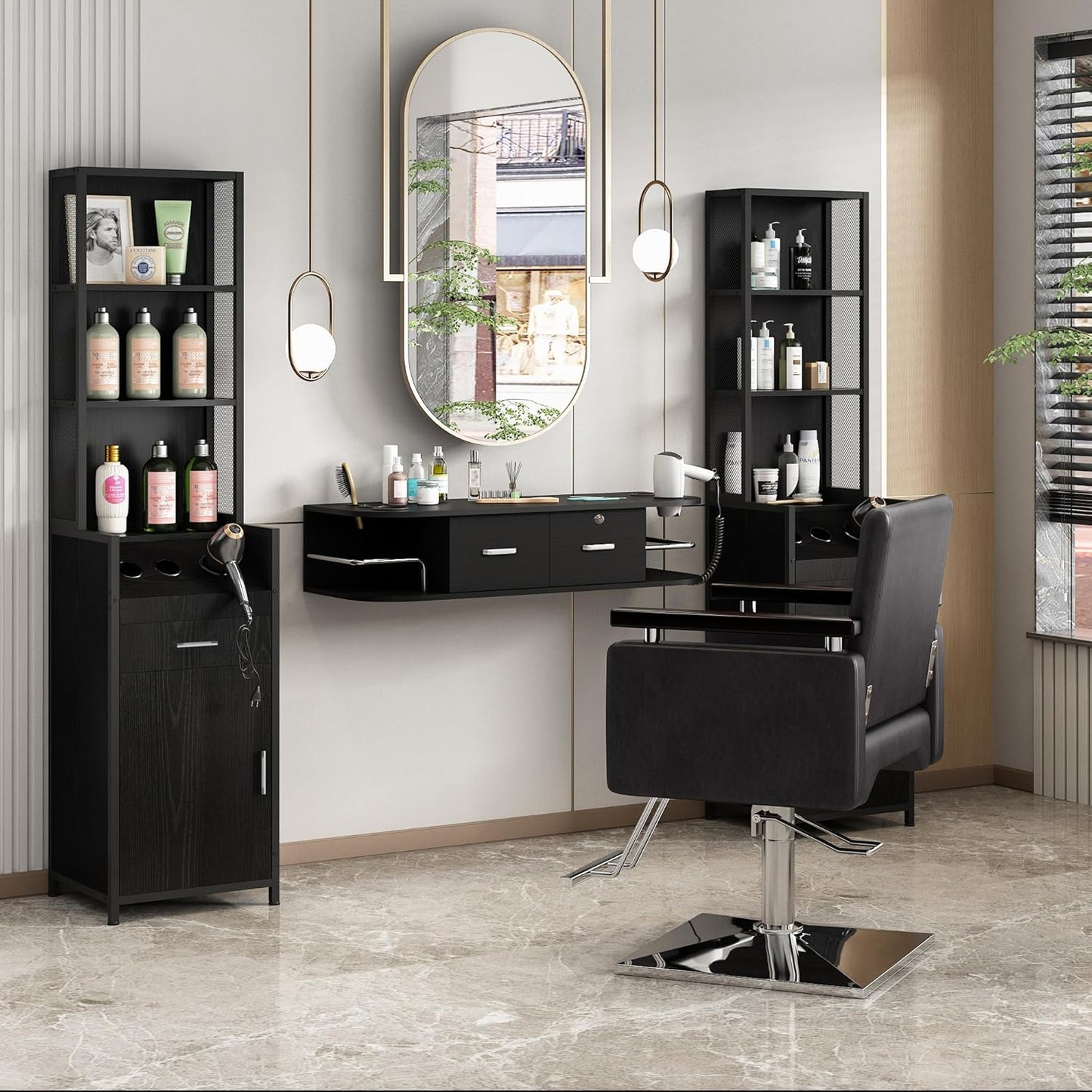 Reusable Salon Station for Hair Stylists | Barber Station with 3 Hot Tool Holders & Storage Shelves - Black