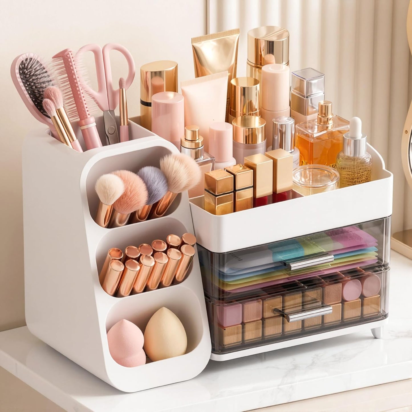 Large Capacity Makeup Organizer - Thickened Material Vanity Storage | White Countertop Holder for Brushes & Skincare