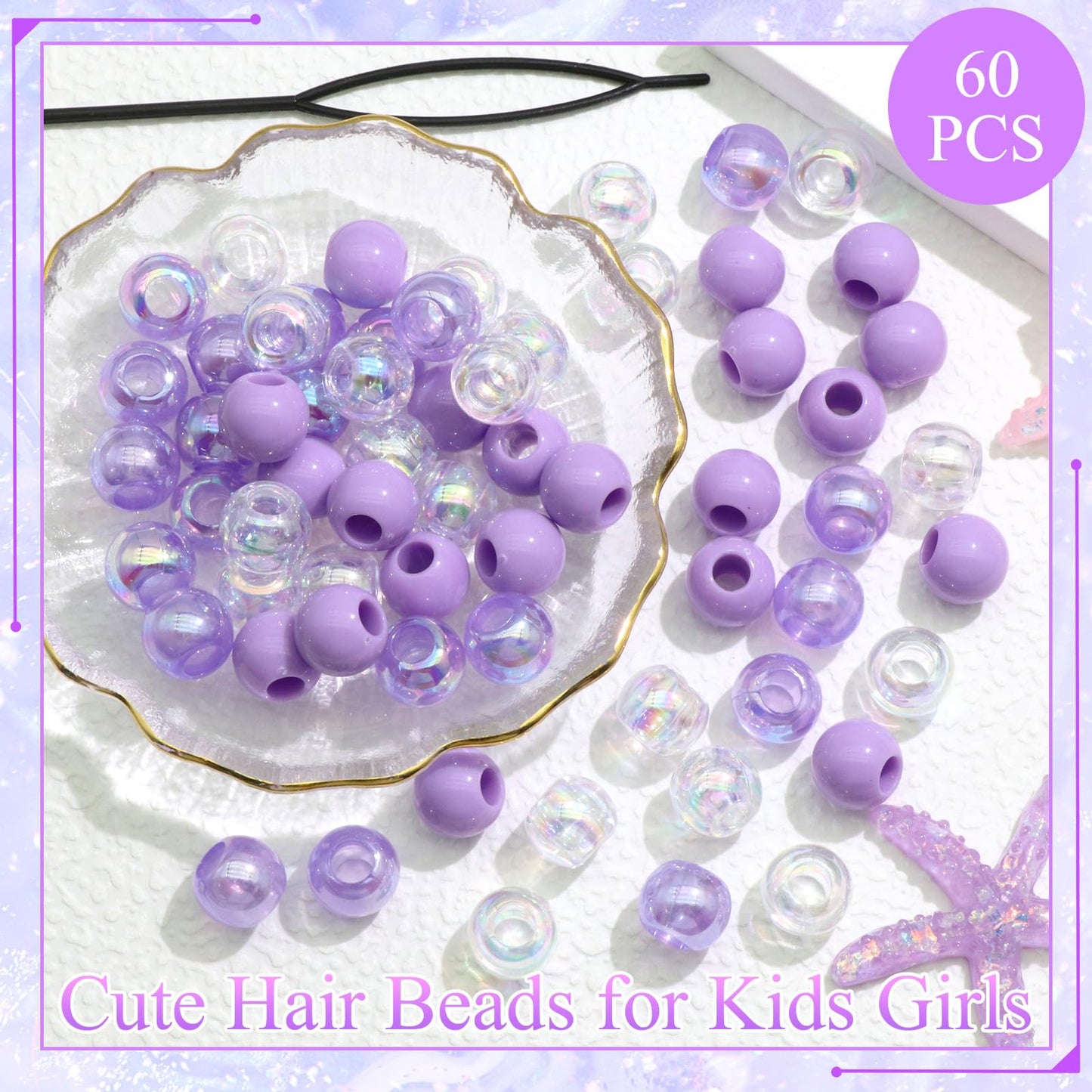 NAISKA 60Pcs Purple Hair Beads for Kids Girls Acrylic Beads for Hair White Clear Cute Bead for Braids Small Pony Beaded Hair Clips Toddler Dreadlock Bead Braid Clips Accessories for Women