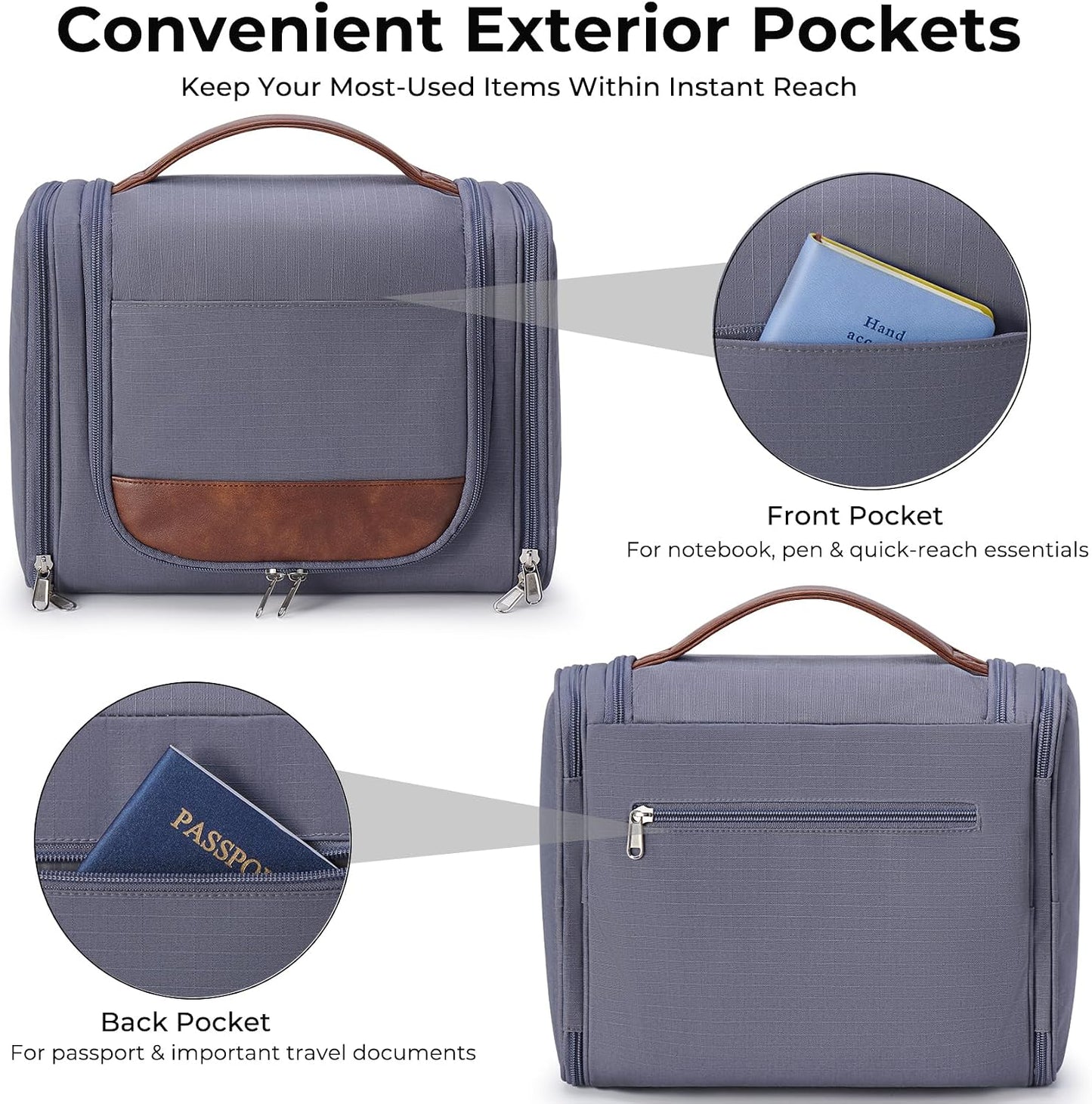 Large Hanging Toiletry Bag for Men - Travel Organizer with Hook | Gray Hygiene & Grooming Essentials