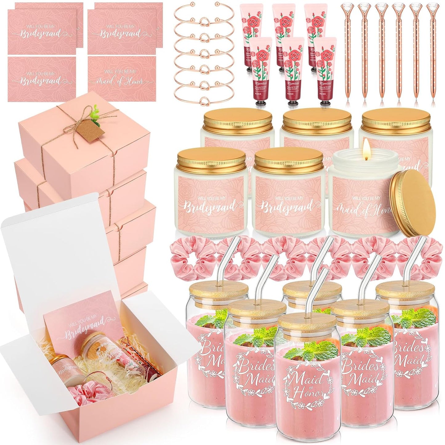 Bridesmaid Proposal Gifts Box Set - 60 Pcs Including Glass Cup, Candle, Cards & More | Black