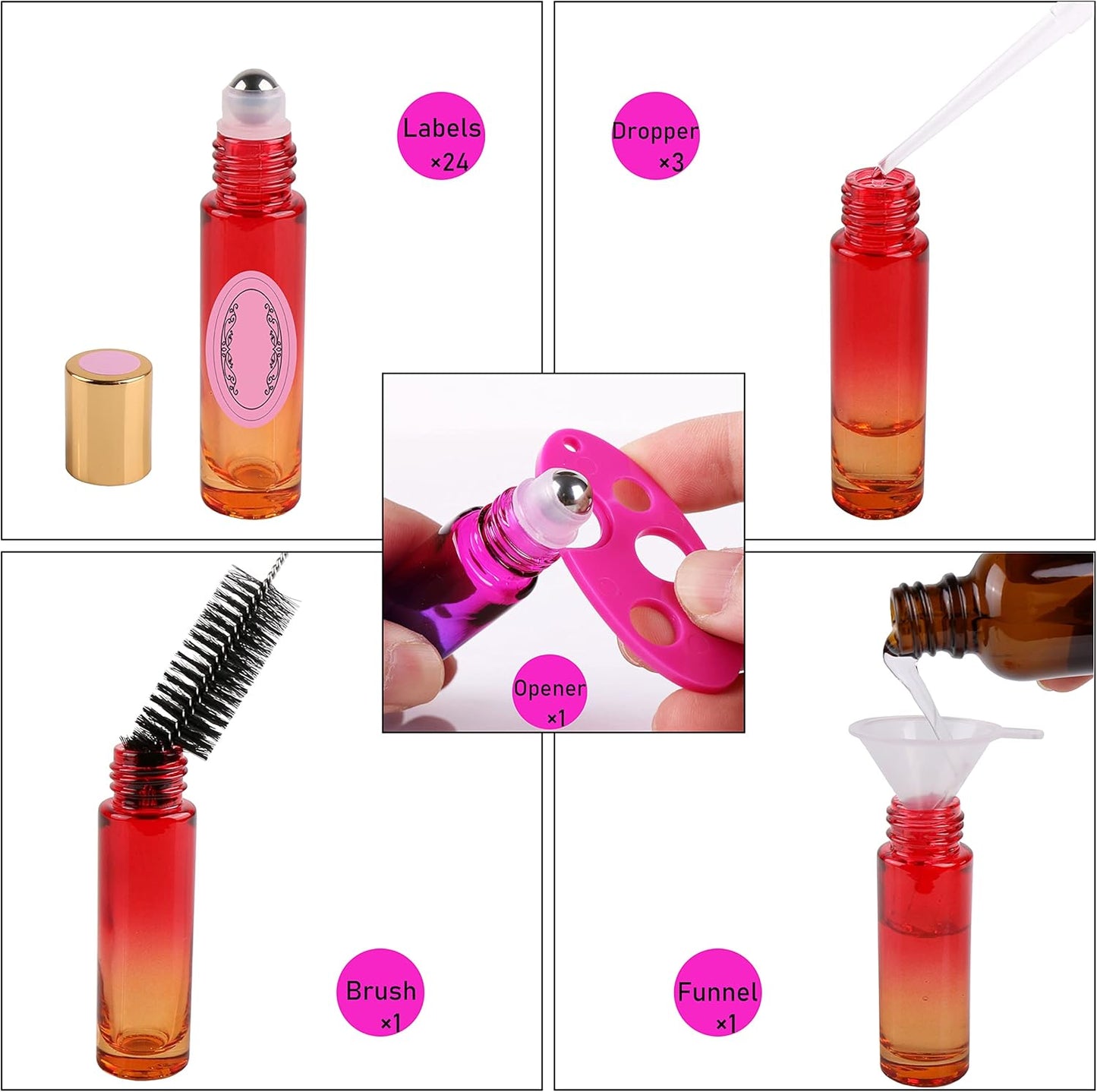 Essential Oils Roller Bottles - 24 Pack 10ml Gradient Glass with Golden Metal Cap | Travel-Friendly