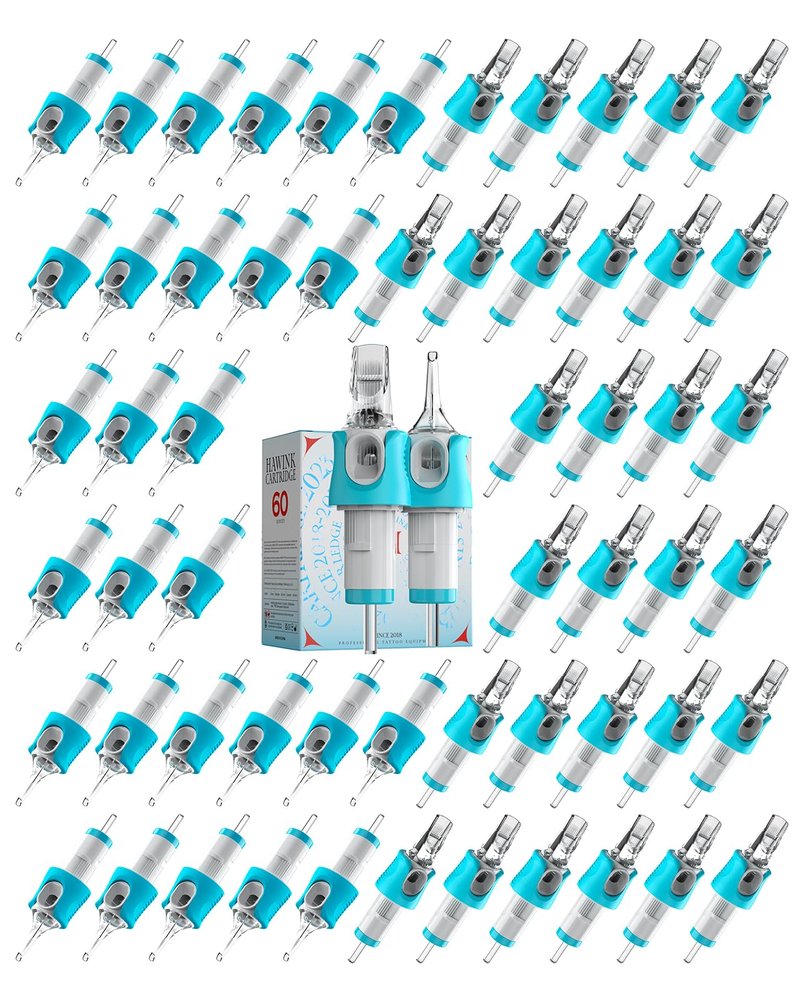 60 Assorted Tattoo Needles Cartridge Mixed Size #10 Bugpin Round Magnum 7RM 9RM 11RM 13RM 15RM and Size #12 Standard Round Magnum 7RM 9RM 15RM Disposable Membrane 8PCS Each Size EN05S-BFG-60KIT-T