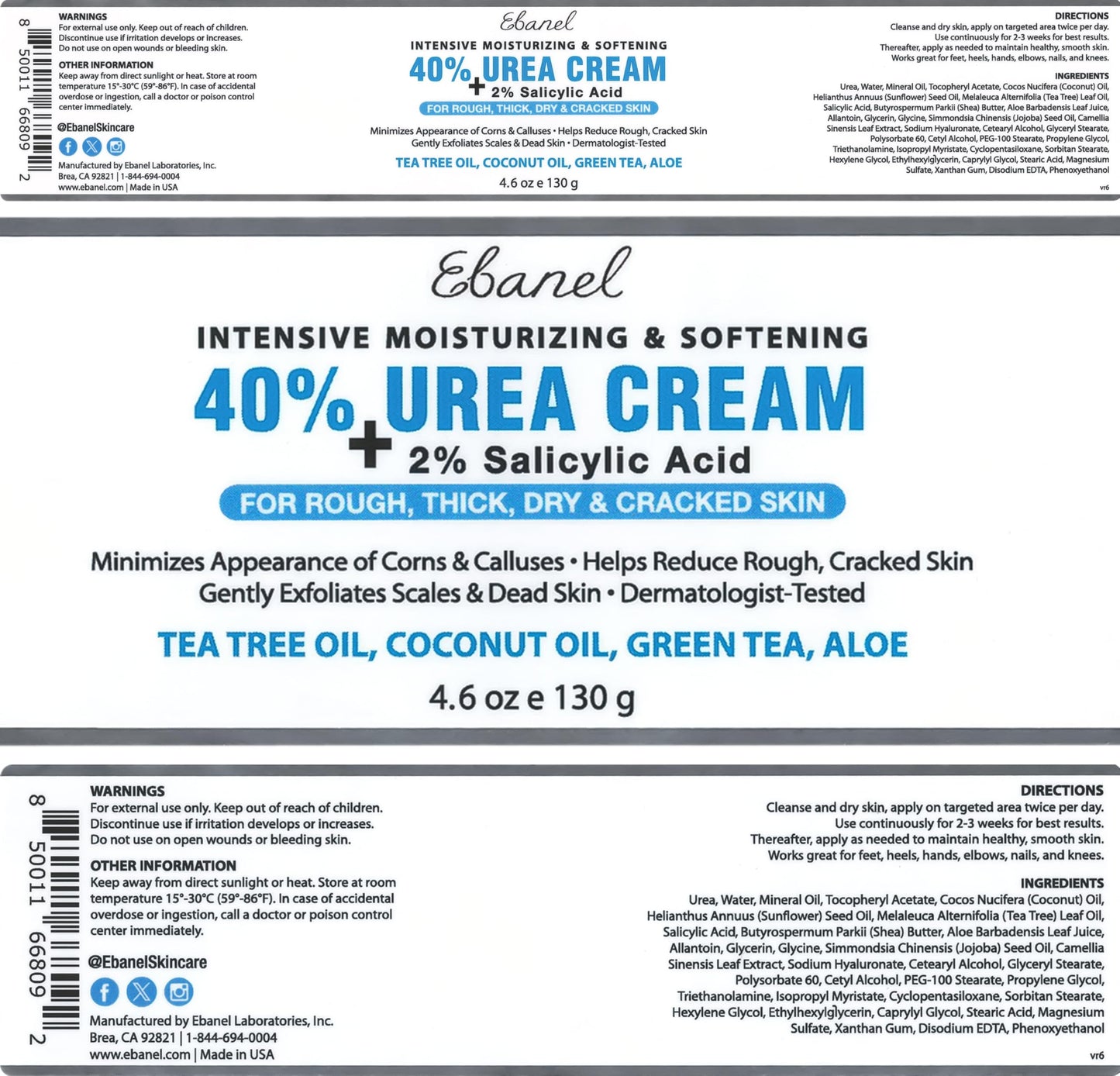 Ebanel Urea Cream 40% plus Salicylic Acid 2%, Foot Cream for Dry Cracked Heels Feet Knees Elbows Hands, Foot Dead Skin Cuticle Callus Remover Toenail Softener, Keratolytic Skin Barrier Repair Cream