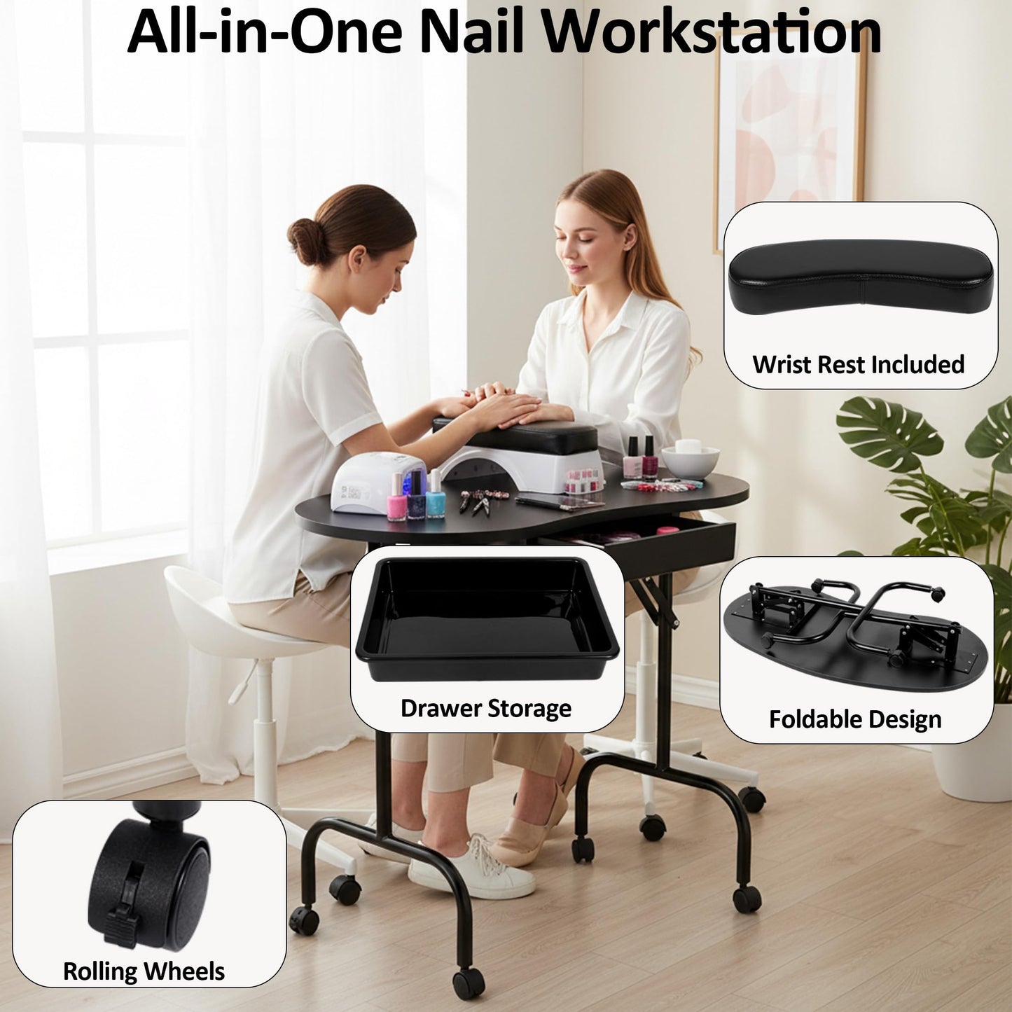 Mohzate Portable Manicure Table Foldable Nail Desk Workstation with Drawer and Wrist Rest Professional Nail Tech Table with Wheels and Carry Bag for Technician Spa Salon and Home Use