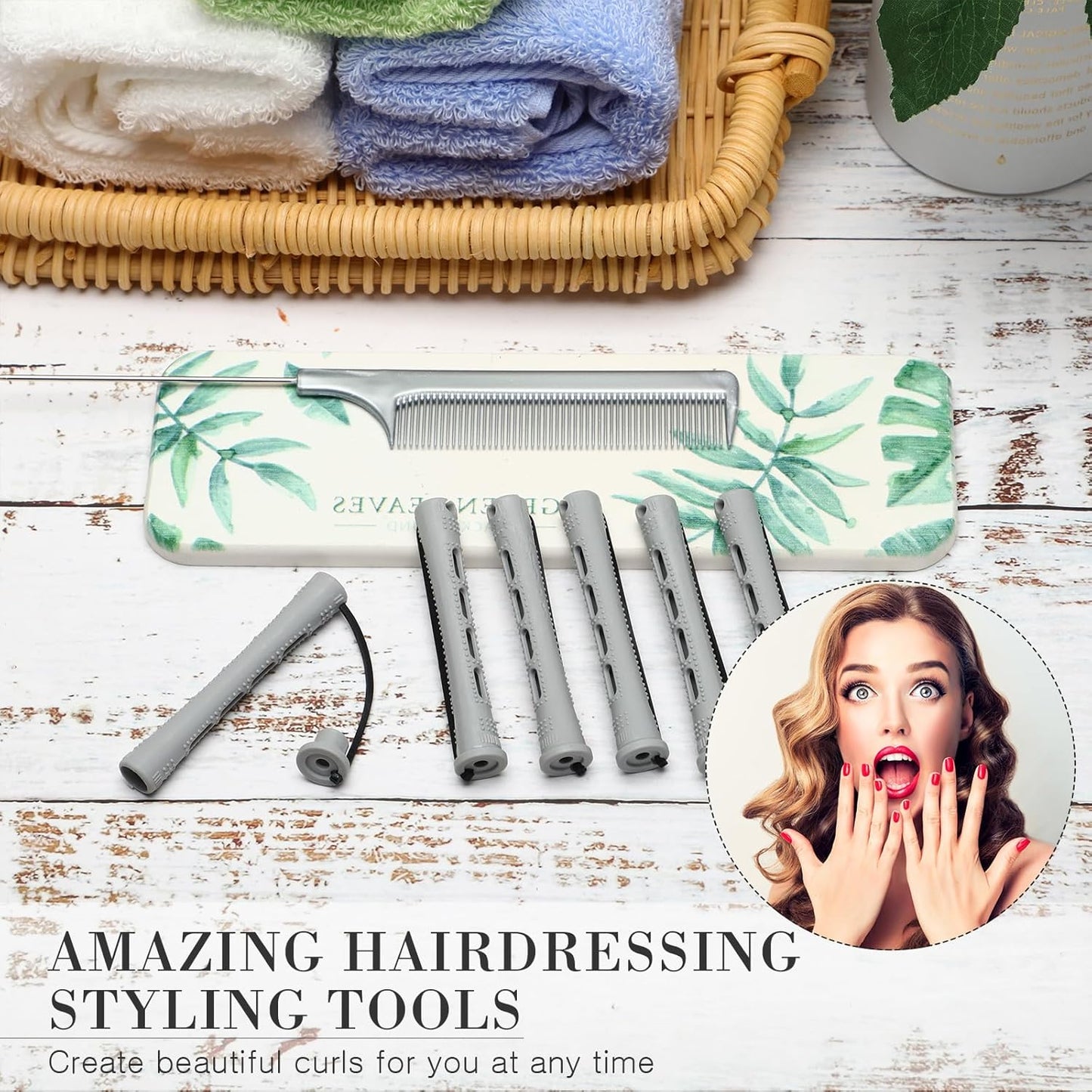 Hair Styling Kit - 48 Plastic Perm Rods, 2 Steel Pintail Combs, 350 Perm Papers, 6 Duck Bill Clips | Gray