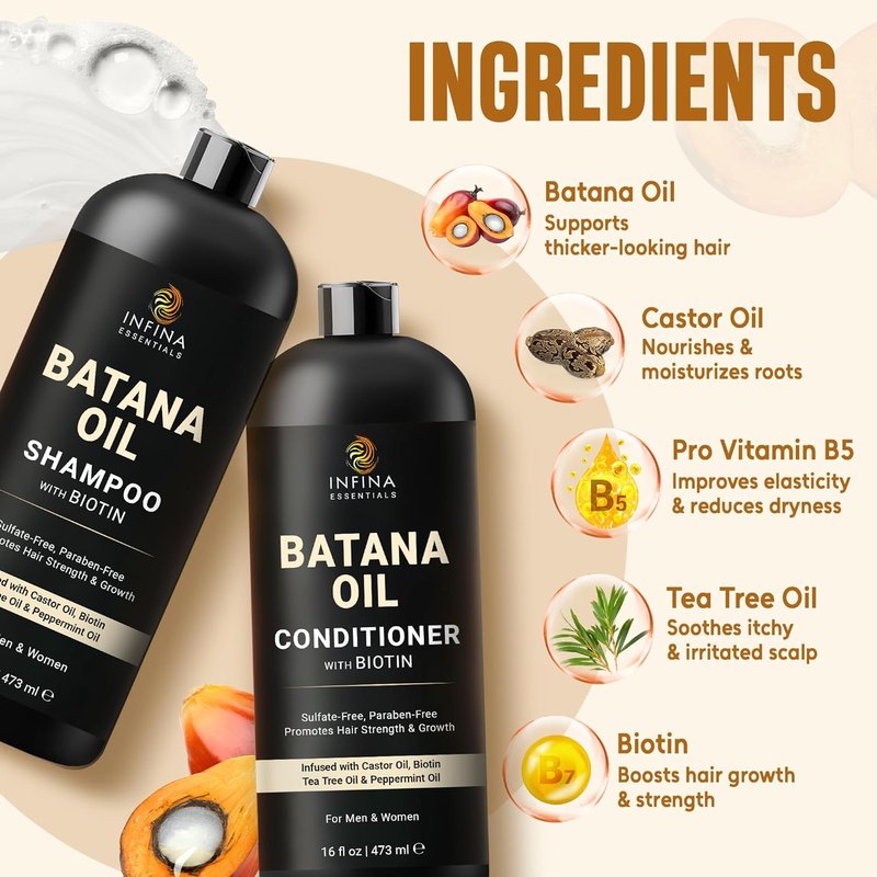 Batana Oil Shampoo and Conditioner Set - Biotin & Tea Tree | Moisturizing, Strengthening Formula | 16 fl oz Each