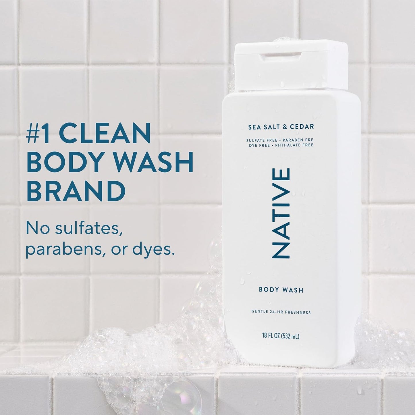 Native Sea Salt & Cedar Body Wash - 24-Hour Refreshing Clean for All Skin Types | 18 oz, Phthalate-Free, Sulfate-Free, Paraben-Free