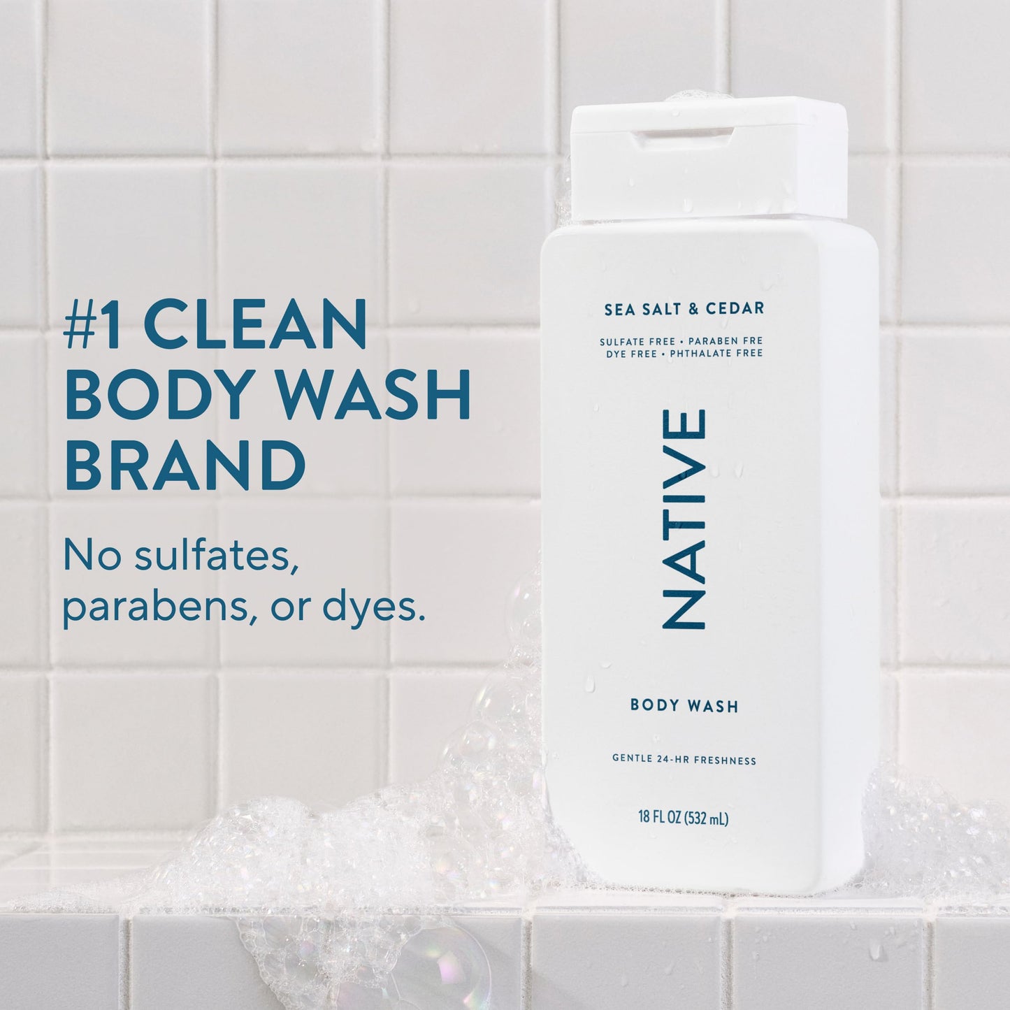 Native Sea Salt & Cedar Scent 24-Hr Refreshing Clean Body Wash for Men & Women, for All Skin Types Incl. Sensitive, Leaves Skin Feeling Clean & Soft, Free of Phthalates, Sulfates & Parabens, 18 oz