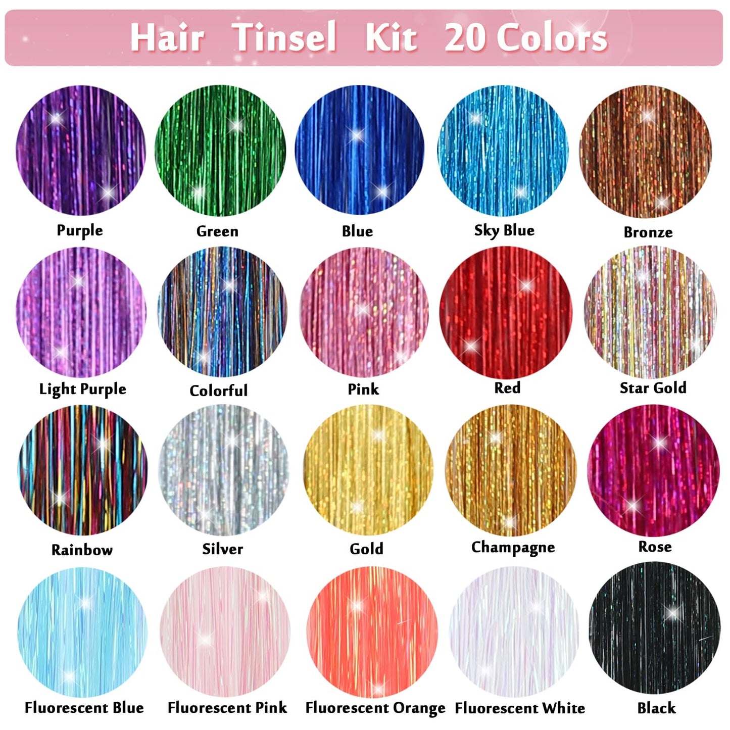 Hair Tinsel - 20 Color Sparkling Hair Extensions | 48-Inch Heat-Resistant Glitter Strands for Party & Festival