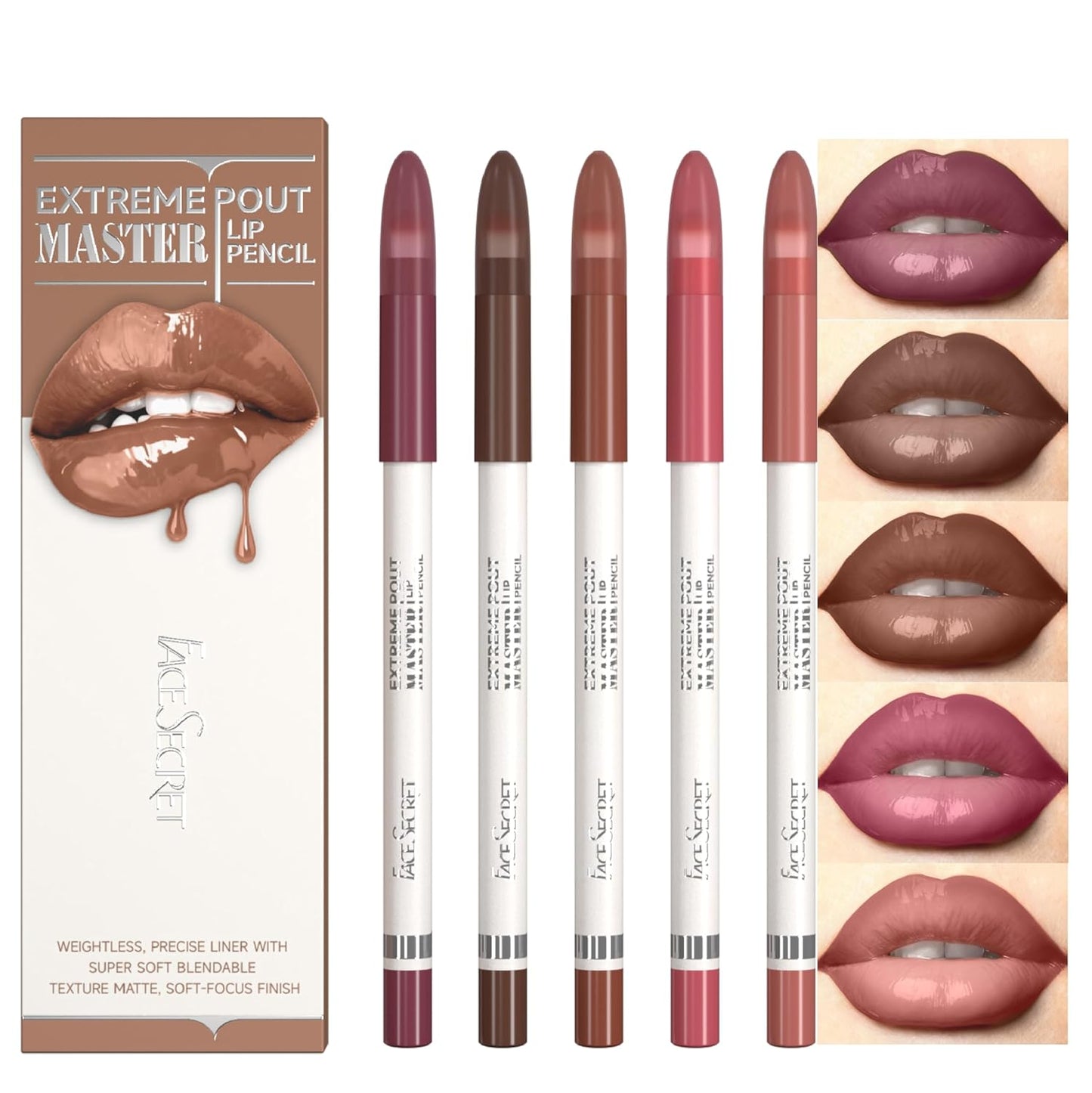 Matte Lip Liner Pencil Set - 5PCS Waterproof & Smudge-Proof | Warm Brick Red & Cocoa Brown Shades