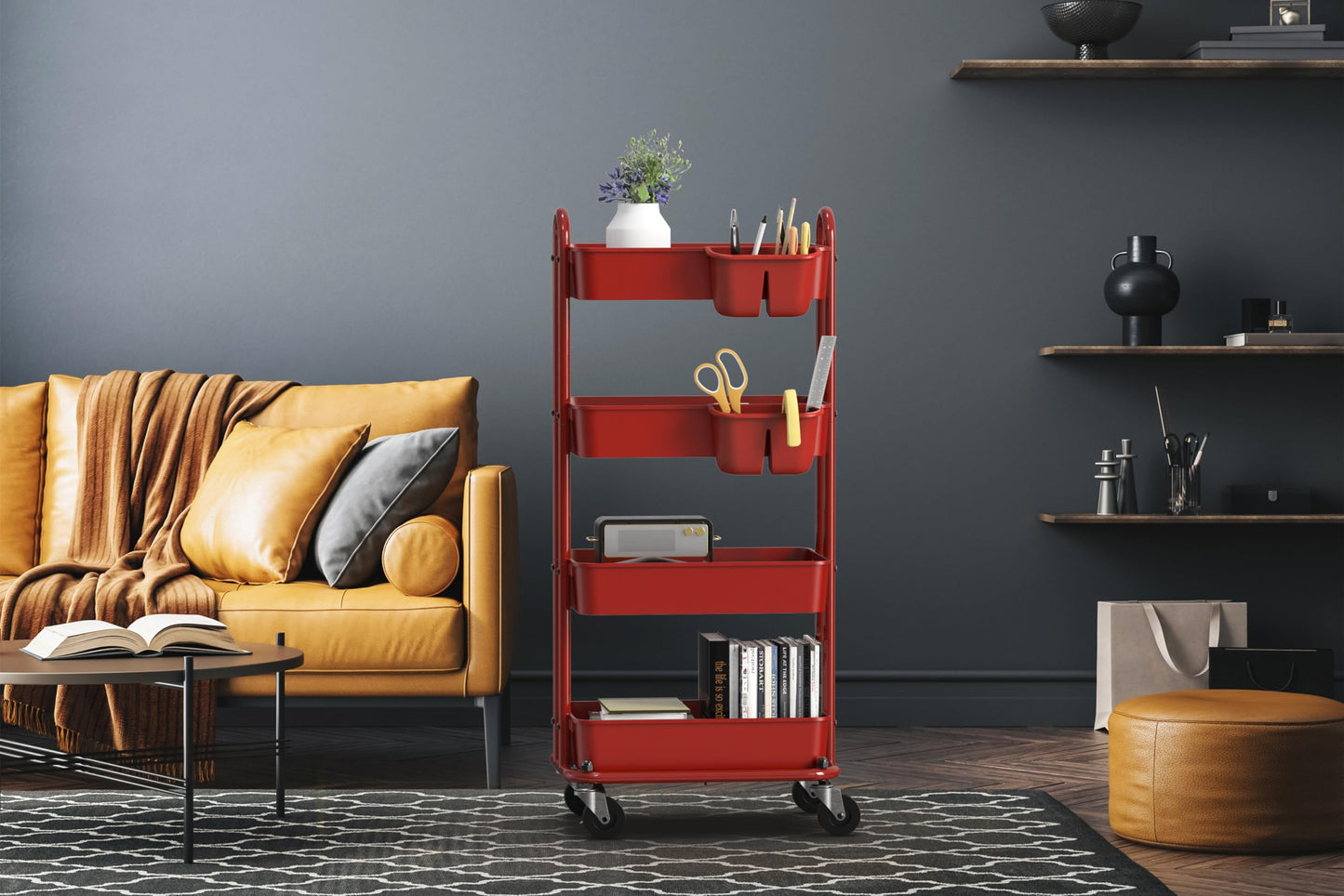 Simple Houseware 4-Tier Rolling Utility Cart with Hanging Bucket, Red