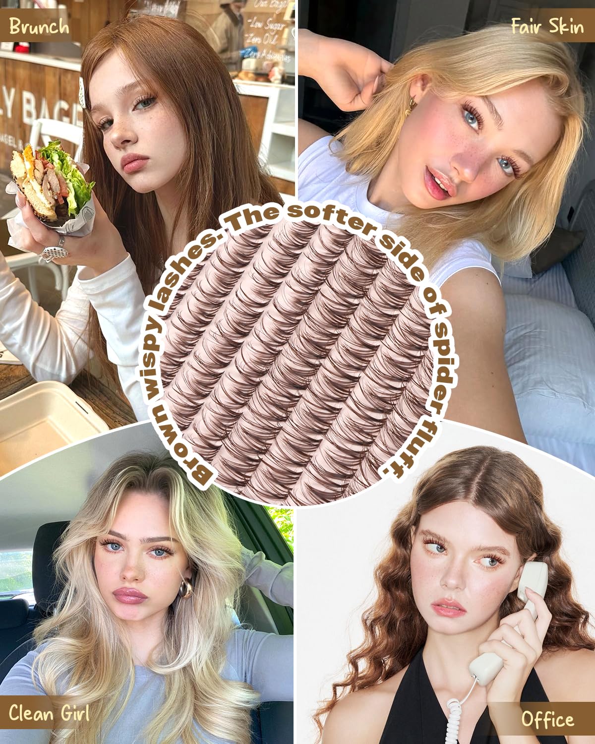 Brown Spider Lash Clusters - Natural Fluffy Eyelash Extensions | 8-16MM Wispy D Curly Dark Brown Lashes for DIY Beginners