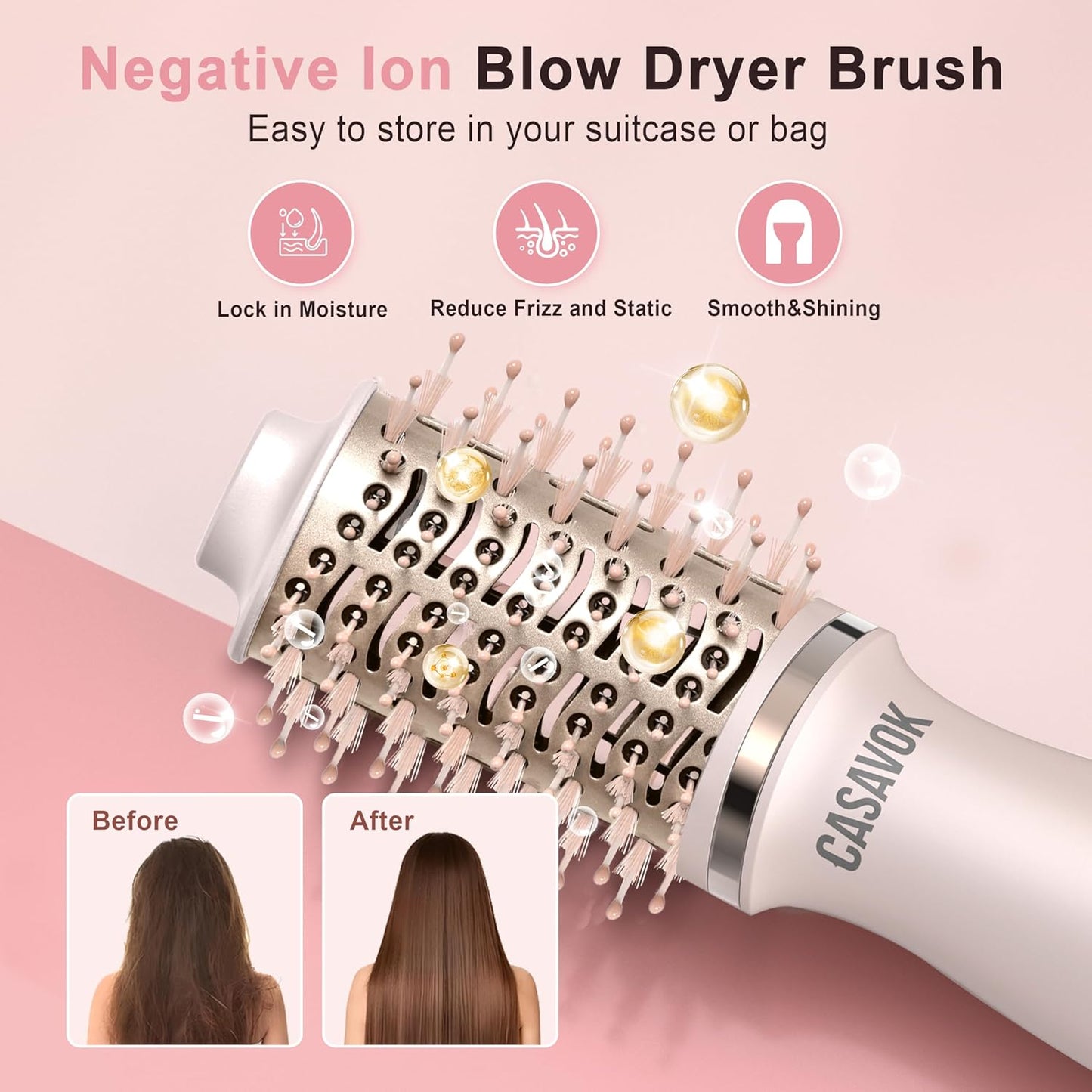 Dual Voltage Hair Dryer Brush - 4 in 1 Mini Hot Air Brush for Short Hair | Volumizer, Pink, 110-240V