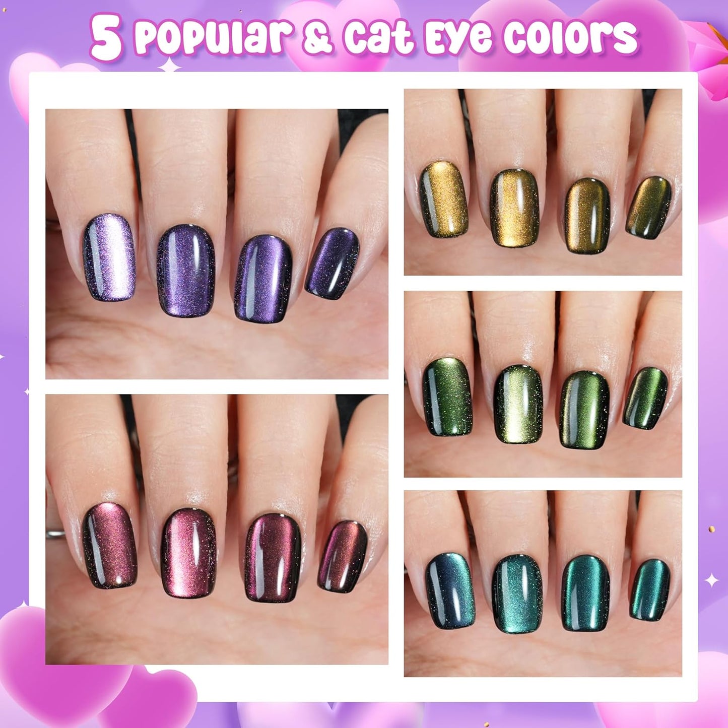 Cat Eye Press On Nails - Short Square Soft Gel Nail Art | 160PCS in 5 Styles & 16 Sizes