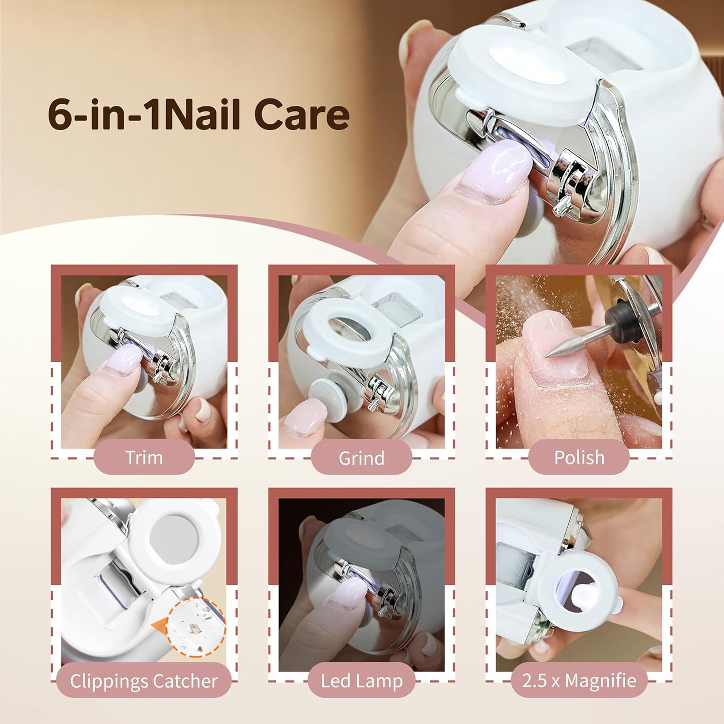 Electric Automatic Nail Clipper & Trimmer for Seniors - 6-in-1 Set with LED Light, Magnifier & USB Rechargeable Design | 3 Speeds, Dual Blades, Storage Case