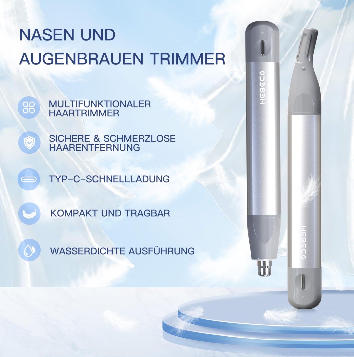HEBECA Nose Hair Trimmer for Men & Women - 2in1 Rechargeable Ear and Nasal Hair Trimmer, Waterproof Nose Clipper, Electric Eyebrow Trimmer & Facial Hair Remover Grooming Set (Silver Grey)