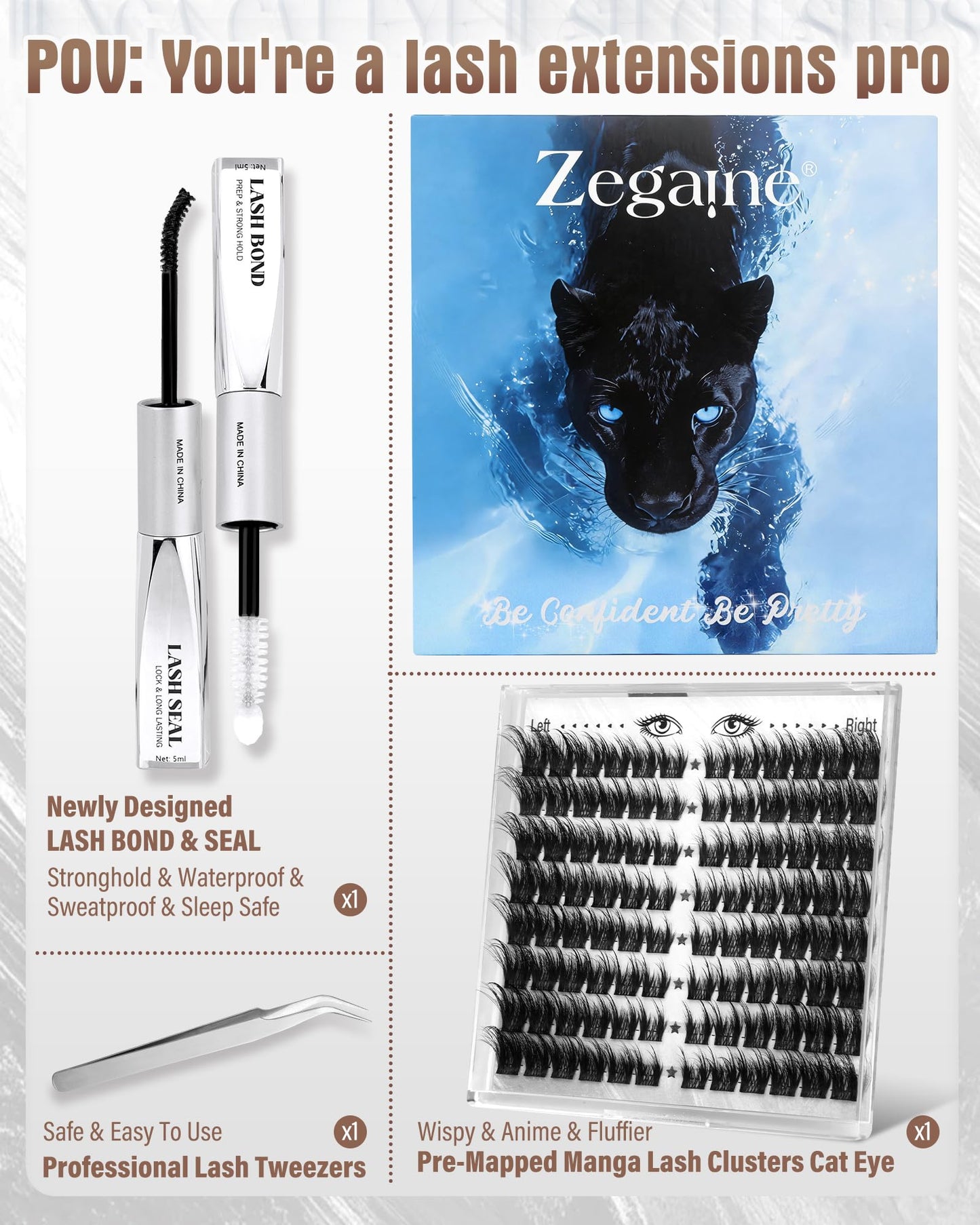 Cat Eye Lash Clusters Kit Manga Eyelash Cluster Kit Cat Eye Lashes Wispy Cluster Eyelash Extensions Pre-Mapped Anime Cat Eye Individual Lashes Kit With Lash Bond&Seal, Lash Tweezers 10-18MM by Zegaine