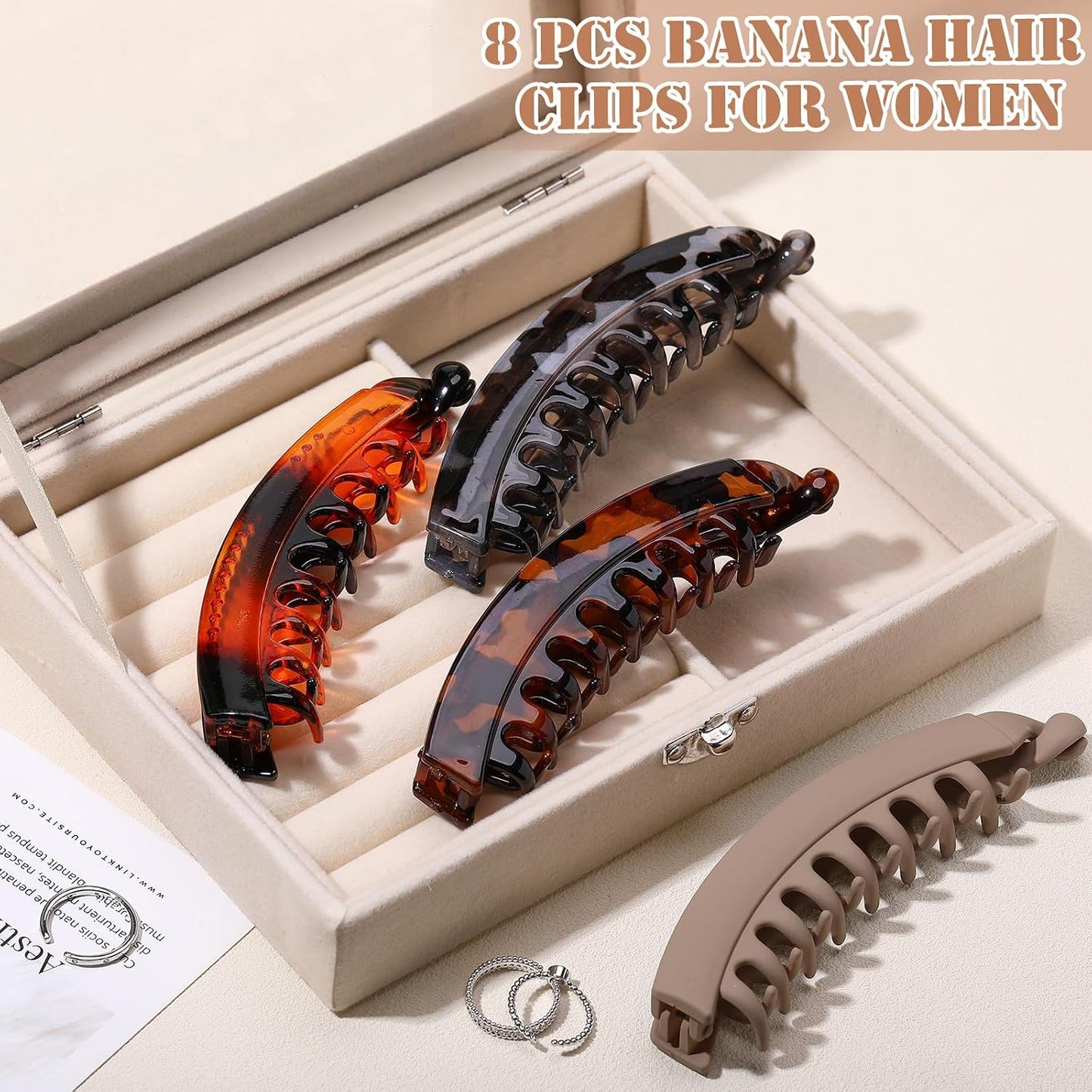 Banana Hair Clips for Women - 8PCS Cute Tortoise & Solid Color Claw Clips | All-Day Hold for Thin/Thick Hair