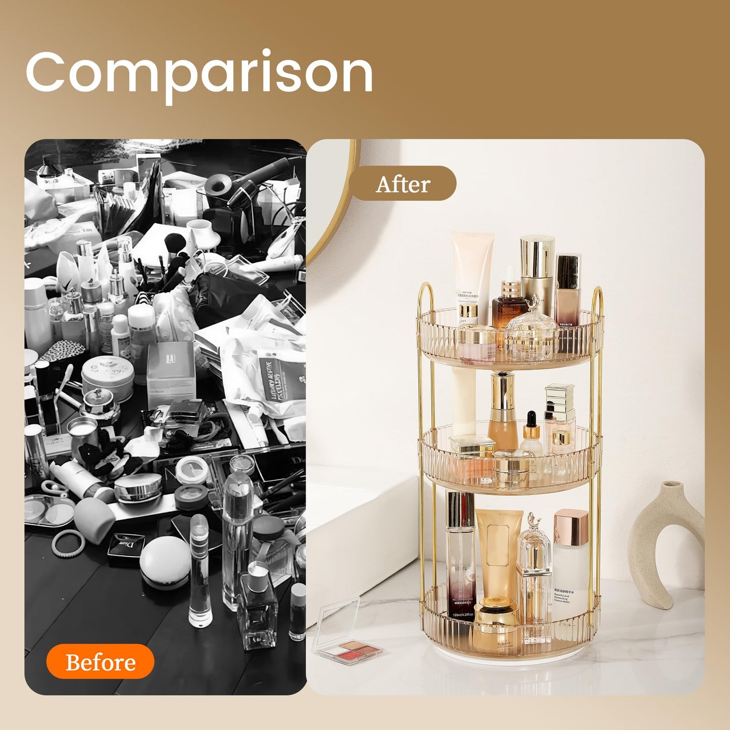 Aveniee Rotating Makeup Organizer for Vanity, Premium Solid Metal Pole Sturdy Construction, Perfume Storage for Bathroom Countertop, Clear Spinning Counter Shelf Cosmetic Holder for Dresser,Gold