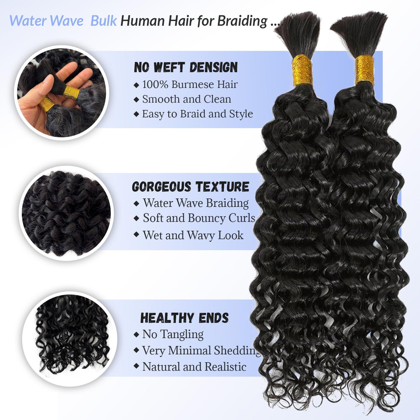 Licoville Boho Human Hair for Braiding Black Hair Deep Water Wave Bundles 18 Inch 100G Freetress No Weft Human Braiding Hair for Boho Braids #1B Natural Black Boho Hair Knoteless Braiding Bundle