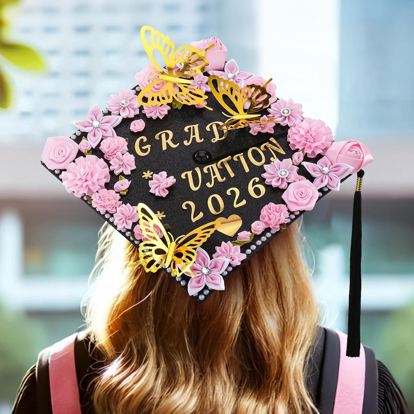 Graduation Cap Decoration Kit - 56 Pcs DIY Pink Flowers, Rhinestones & Glitter Butterflies | 2026 Grad Hat Topper