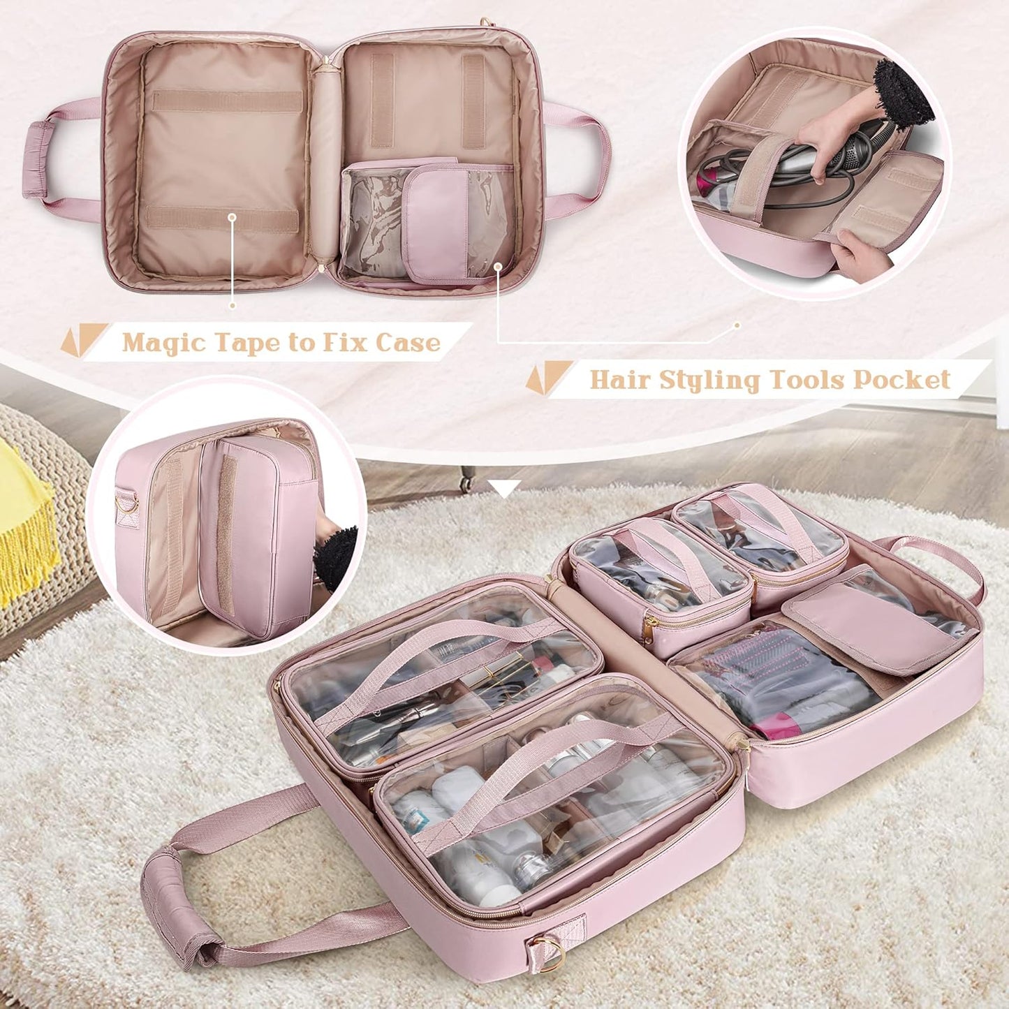 Professional Makeup Artist Travel Case - Large Organizer with 4 Detachable Bags | Pink Makeup Storage Solution