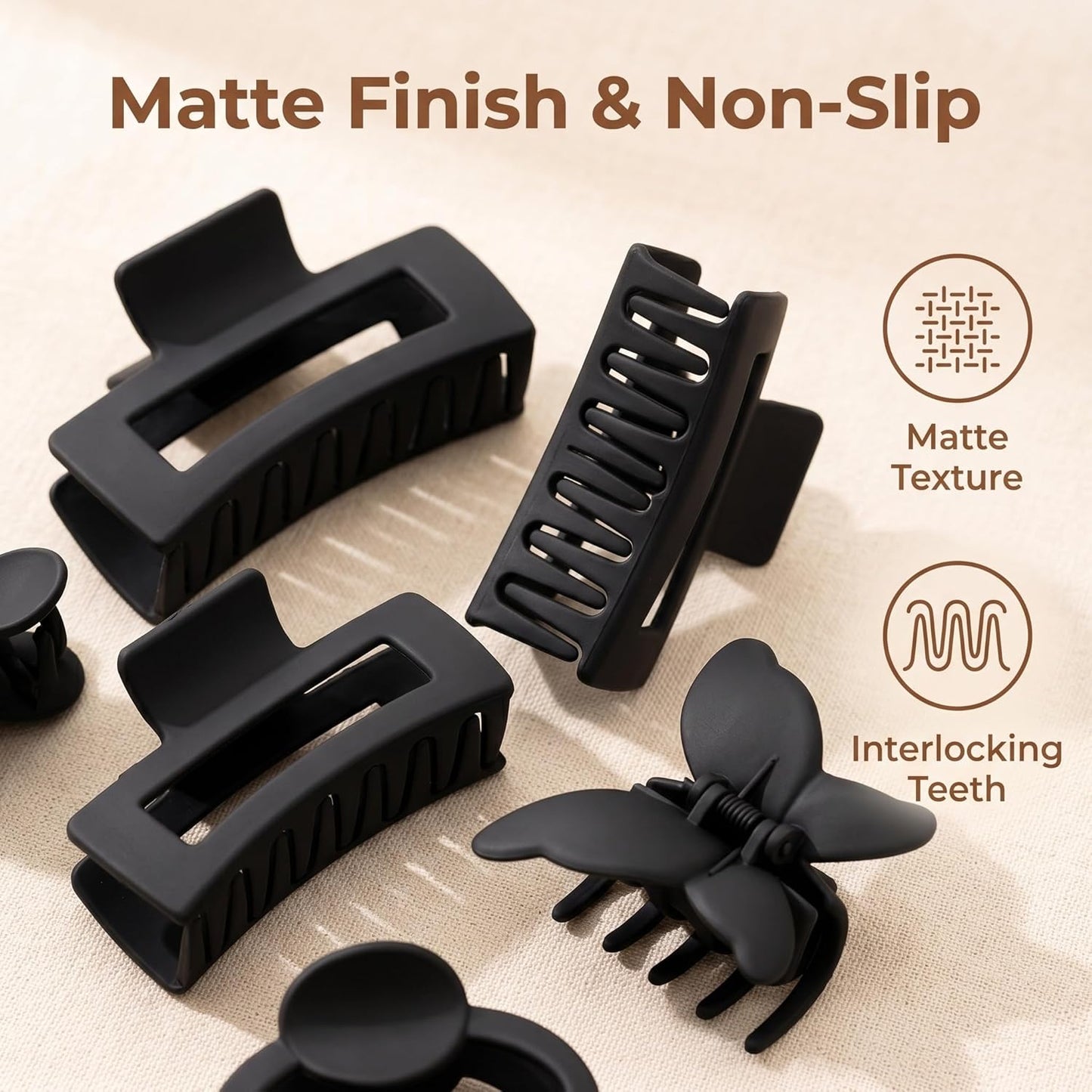 Matte Non-Slip Hair Accessories - 6 Pack Claw Clips for Thin & Thick Hair | Black, Flower, Banana & Butterfly Designs, 1.85-4.5 Inches