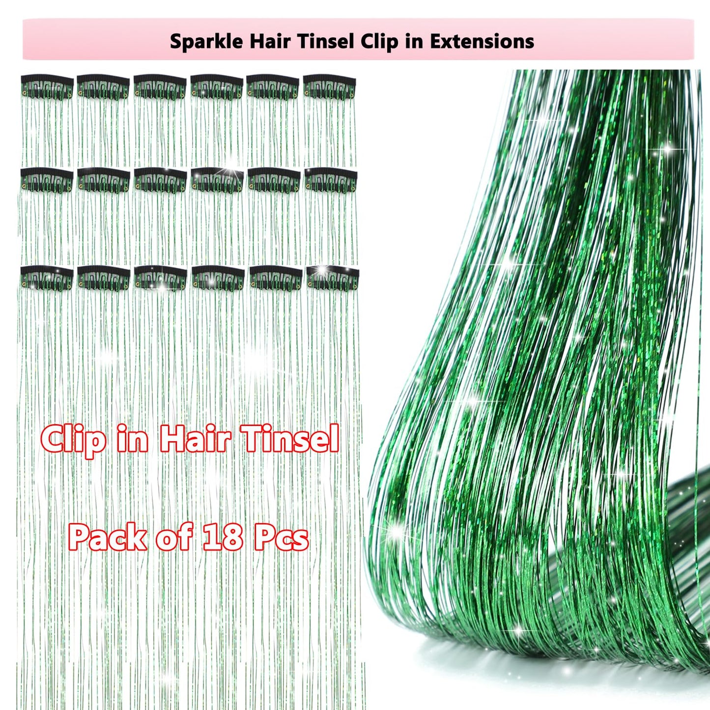 Obinying Hair Tinsel Pack of 18 Pcs Hair Tinsel Clip in 20.5 Inch Glitter Tinsel Hair Extensions Clip in Hair Tinsel Kit Party Festival Fairy Hair Accessories for Girls Women Kids (Green)