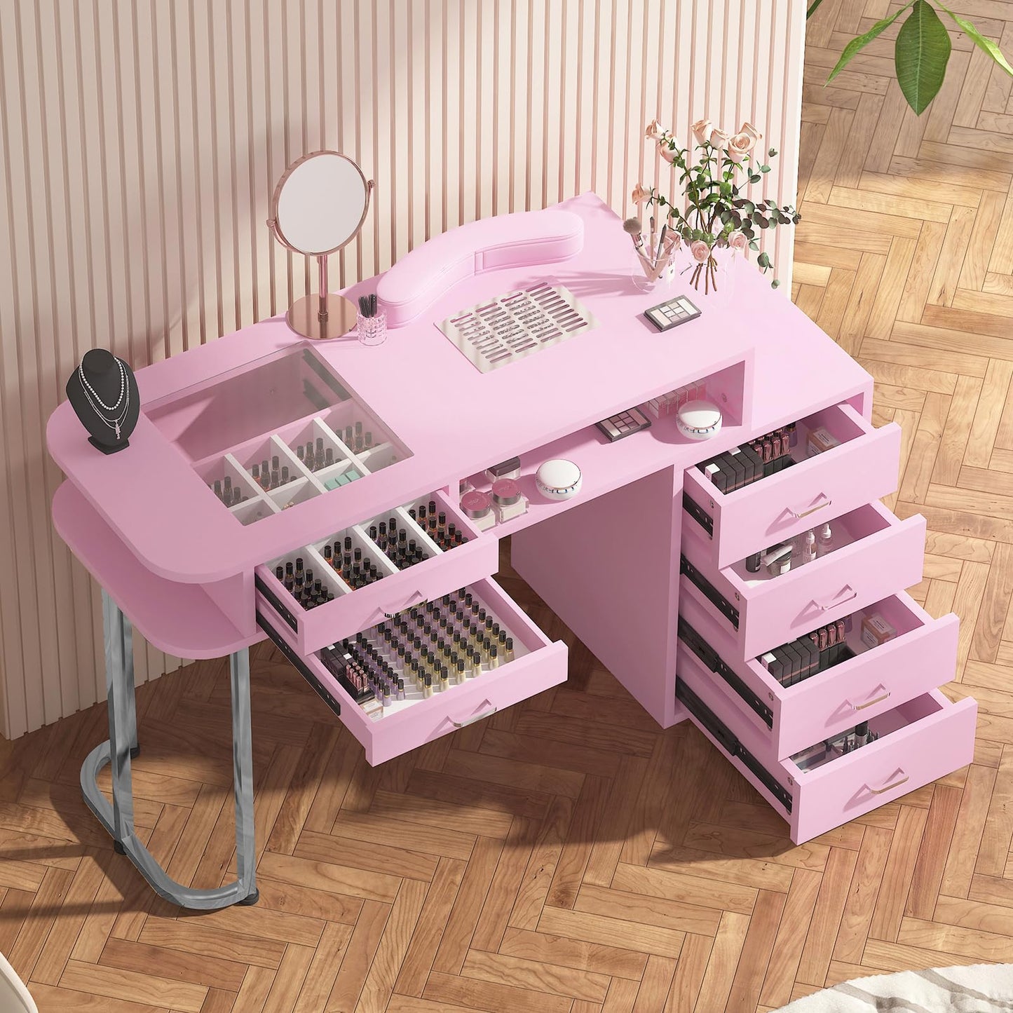 TABU Professional Manicure Table, Large Nail Table for Nail Tech with Pull-Out Drawers& Opening Storage Cabinets, Nail Workstation with Dust Collector, Wrist Cushion, Pink