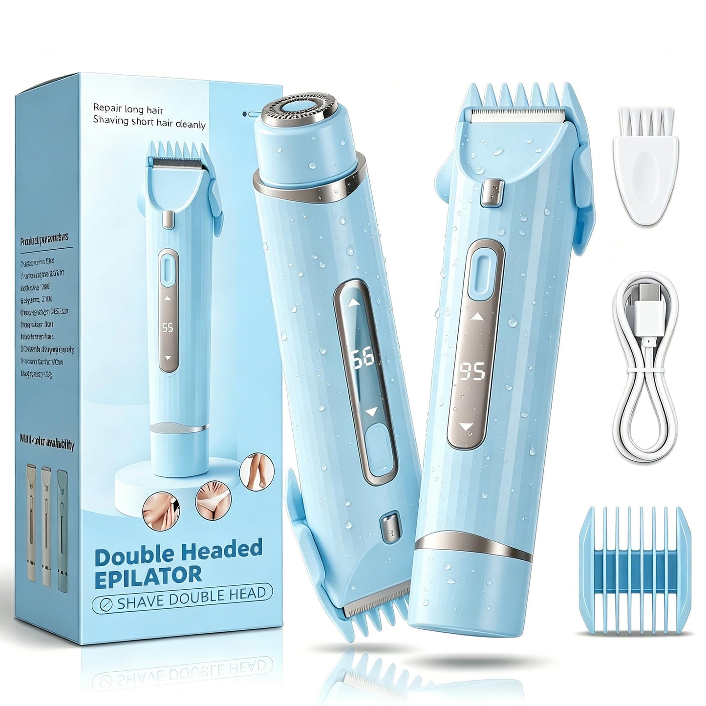 OGLEA Bikini Trimmer for Women, 2 in 1 Electric Razor with LED Light & Battery Display, Rechargeable Cordless Hair Trimmer for Face Underarm Pubic Legs, Dual Washable Heads, Blue