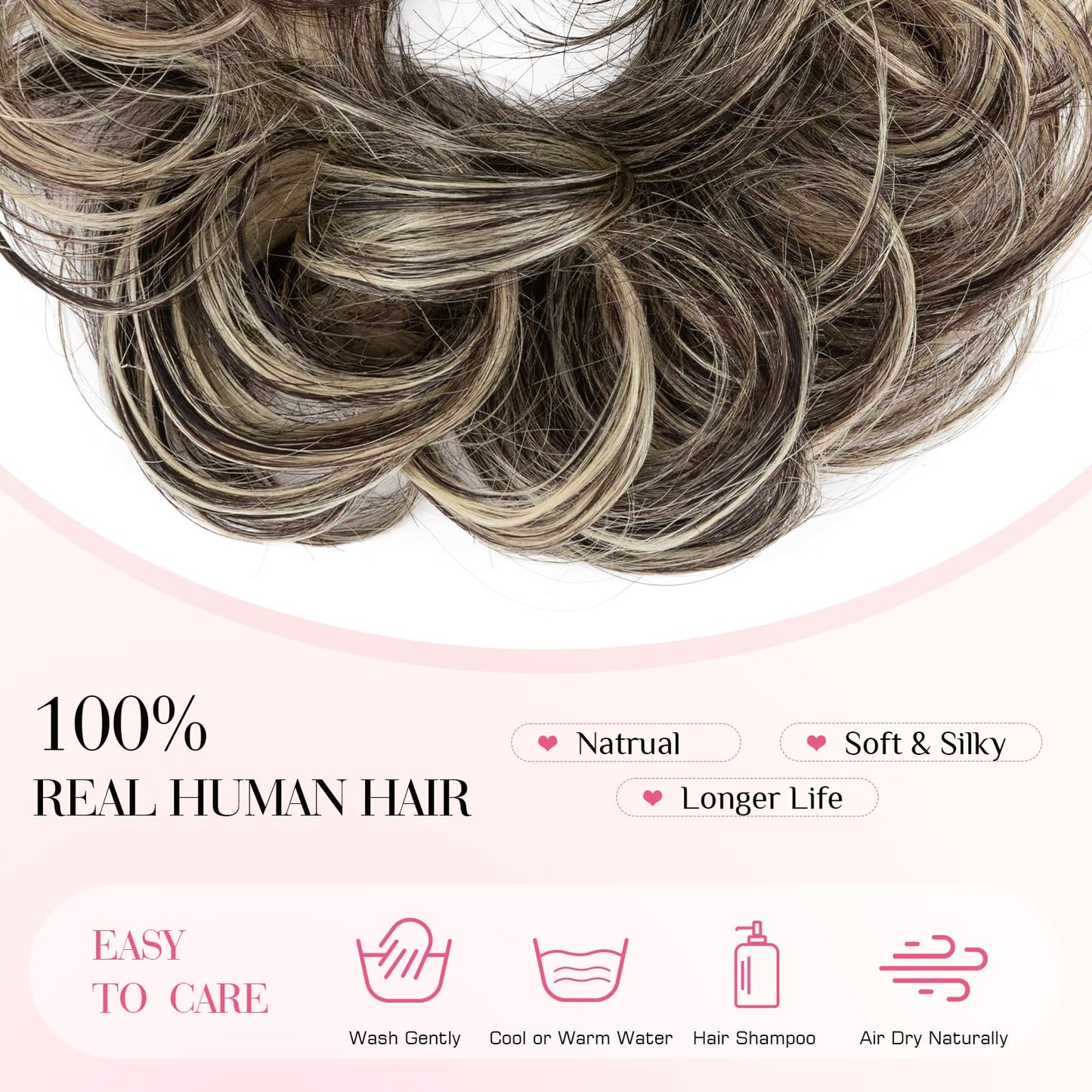 Rich Choices Human Hair Messy Bun Hair Piece for Women, 100% Remy Human Hairs,Chignon Fluffy Donut Updo with Elastic Rubber Band for Girl Wavy #1BP613R Natural Black Mix Blenach Blonde