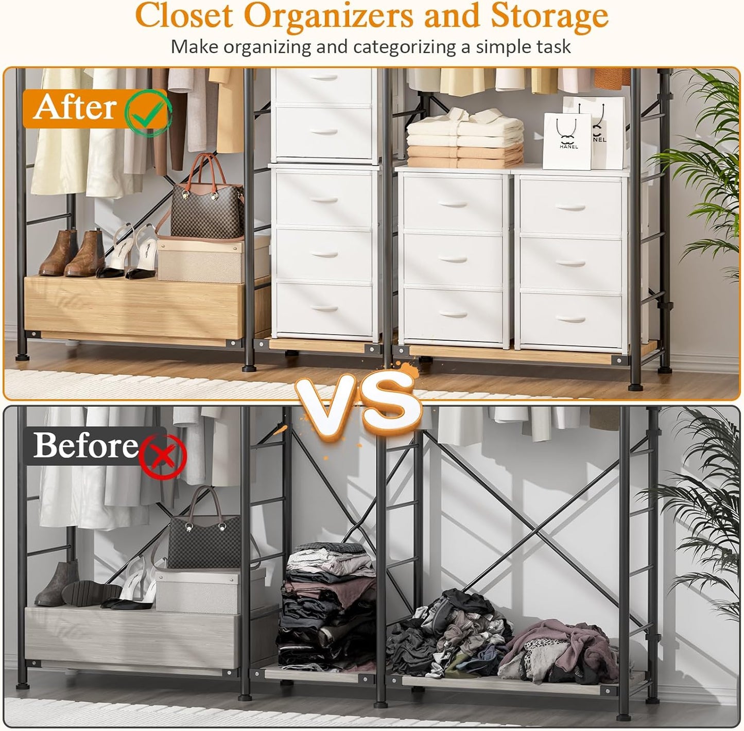 DAOUTIME Stackable Storage Drawers - 2-Pack White Closet Organizer with Wooden Top & Metal Frame | Versatile Dresser for Bedroom & Living Room