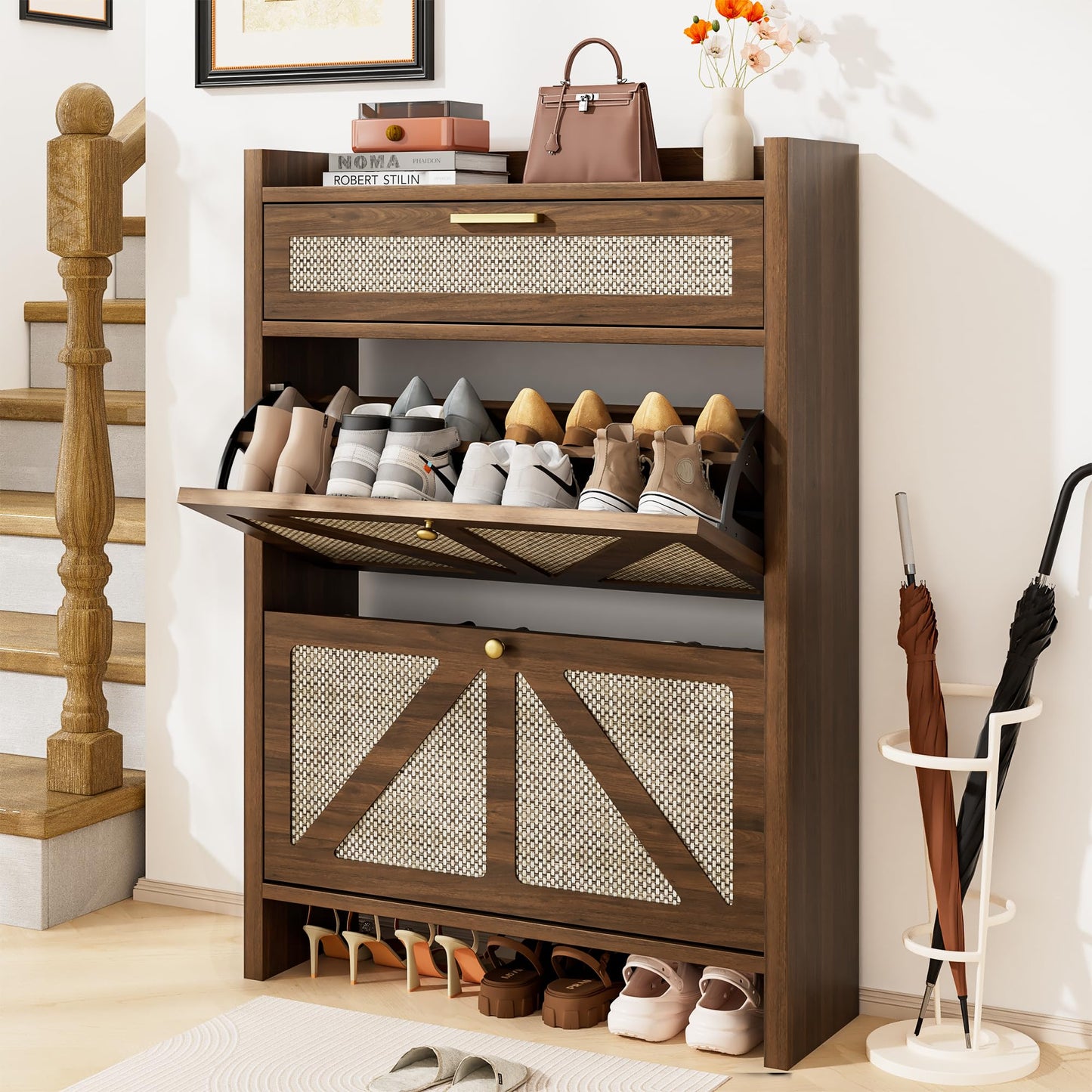 Regmuse Rattan Shoe Storage Cabinet - Hidden Entryway Shoe Storage with Adjustable Shelf, Slim Shoe Organizer Cabinet with 2 Flip Drawers & 1 Drawer, Modern Shoe Cabinet Storage for Hallway Entrance