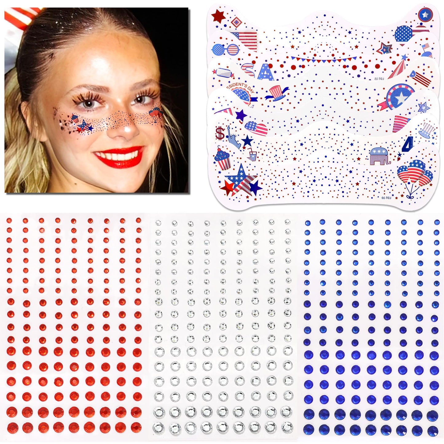 RODAKY Blue Red Face Gems 4th of July Temporary Tattoos Sticker Mixed Size Rhinestones Gems Sparkle Patches for Festival Make Up Women Girls