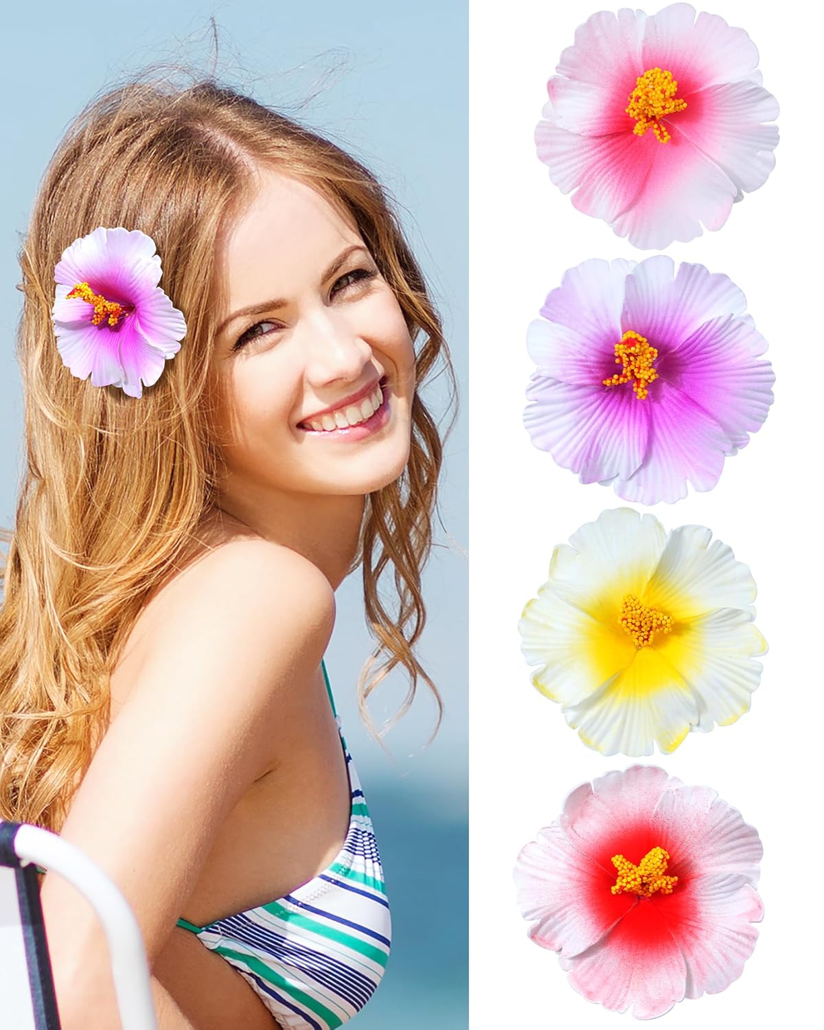 Hawaiian Flower Hair Clips - 4Pcs Vibrant Orchid & Hibiscus Duckbill Clips | Boho Tropical Style for Summer Beach Vacations (Hibiscus-Red, Yellow, Purple)