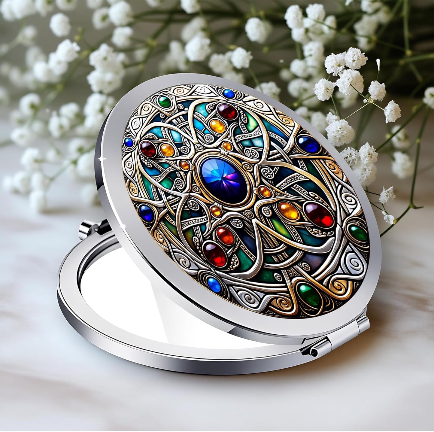 Silver Compact Mirror - Double-Sided Folding Makeup Mirror with Victorian Lady Design | 2.8x2.8 Inch
