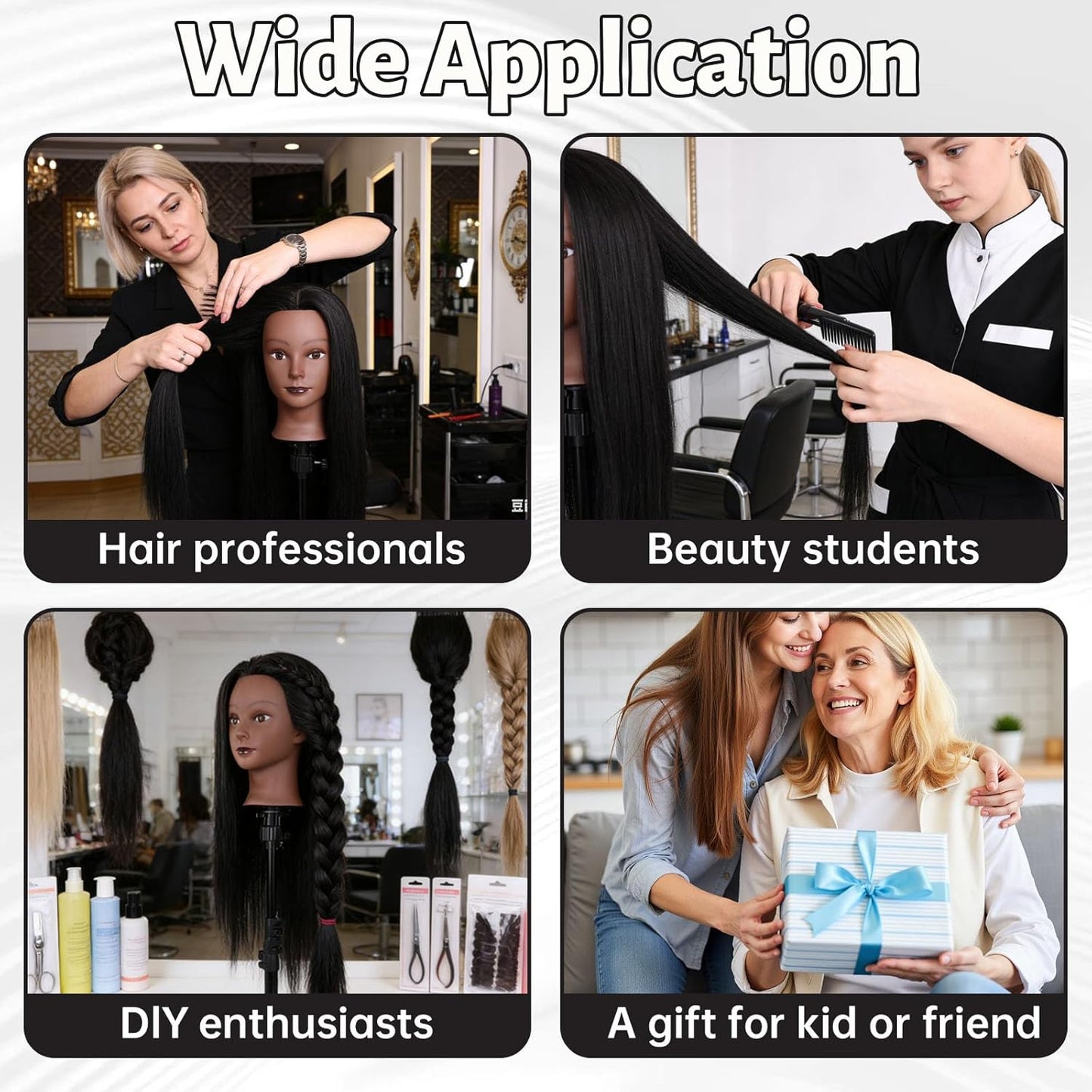 26'' Black Human Hair Mannequin Head for Cosmetology | Styling Doll with Clamp Holder & Tools Set