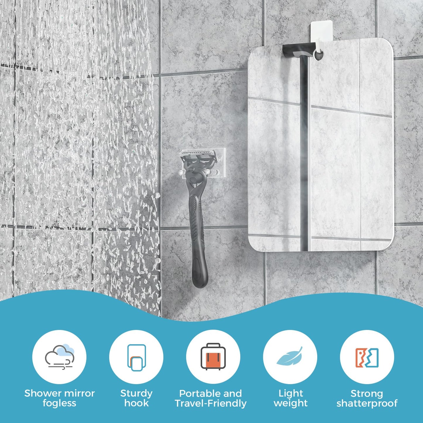 Shower Mirror Fogless for Shaving, Fogless Mirror for Shower with 1 Adhesive Hooks, Bathroom Shatterproof Shaving Mirror - for Men and Women (Silver)