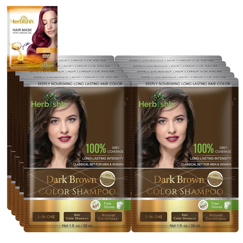 Natural Hair Color Shampoo for Gray Hair - Argan Oil Infused, Ammonia-Free | Travel Size, Dark Brown, 10+1 Pack