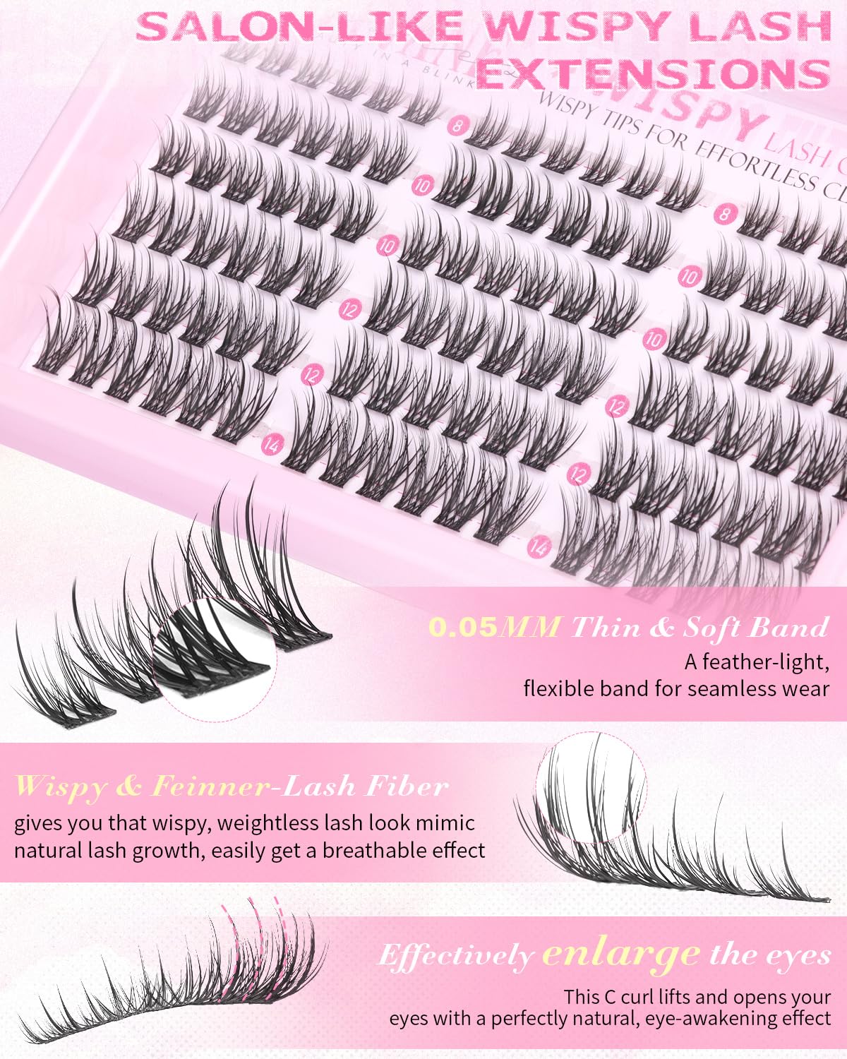 Wtvane Wispy Lash Clusters Natural Eyelash Clusters Lashes Extensions 8-14mm Short Lashes Clusers CC Curl Individual Lashes Thin Band False Eyelashes for Natural Look Clean Beauty
