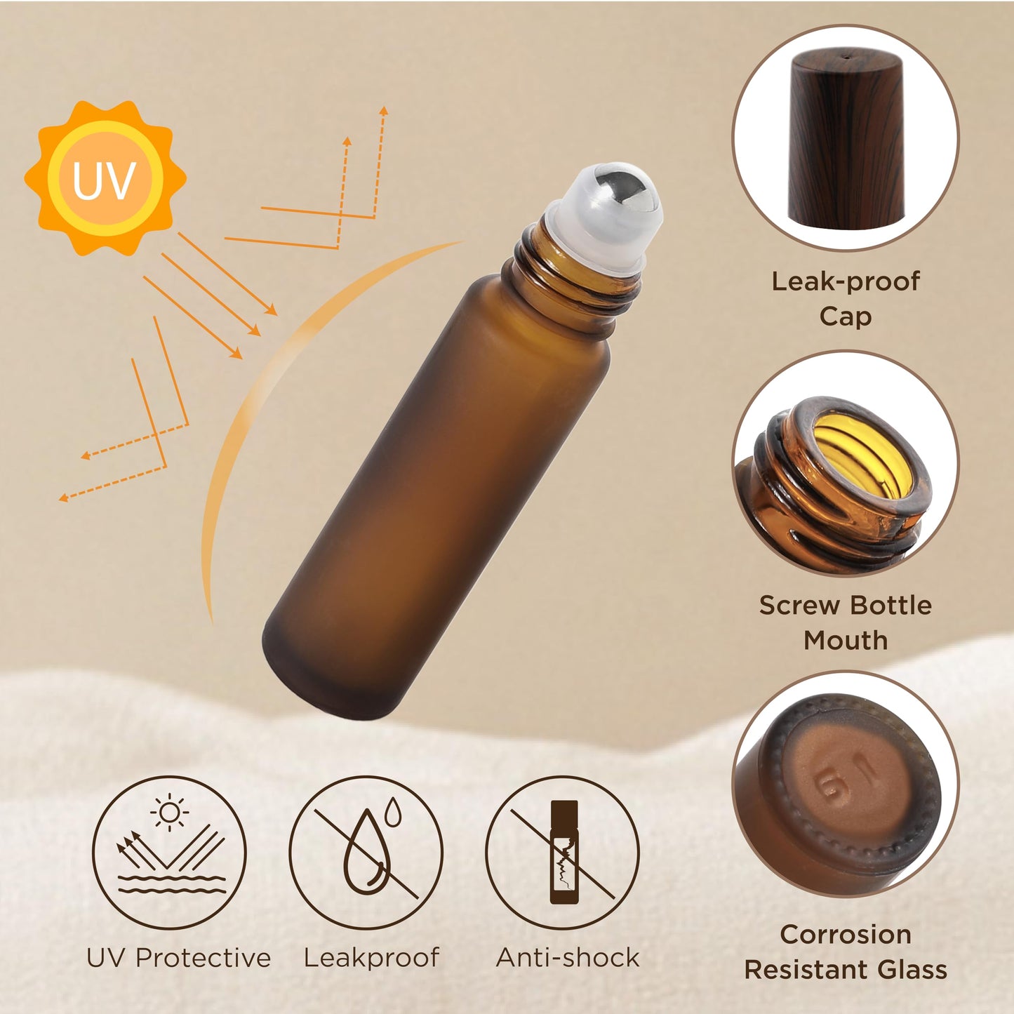 SESENSE Essential Oil Roller Bottles, 10ml Thick Glass Perfume Roller Bottles with Funnel Opener and Dropper Amber Glass Empty Bottles with Stainless Steel Roller Balls (Amber, 4 Pack)