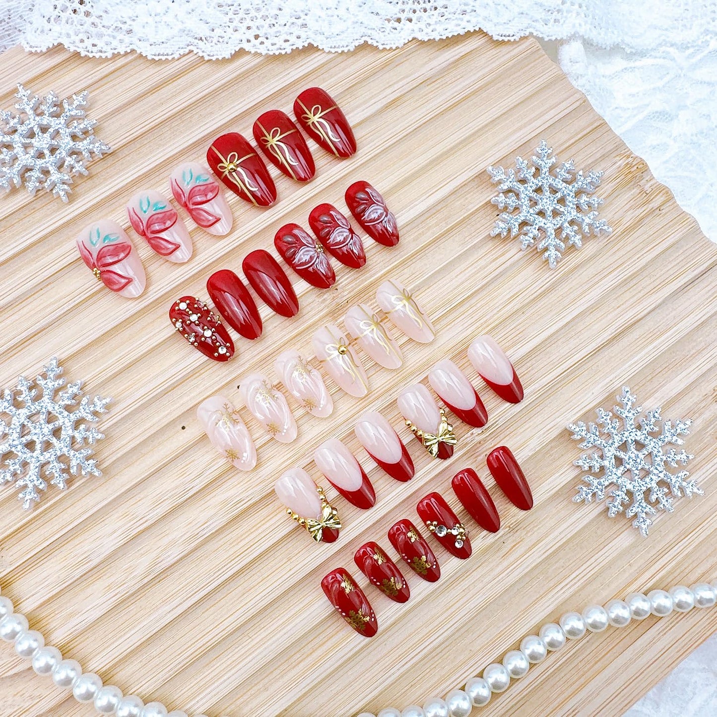 30Pcs Christmas Press-On Nails | Medium Almond Shape with 3D Bow & Gold Snowflake Designs