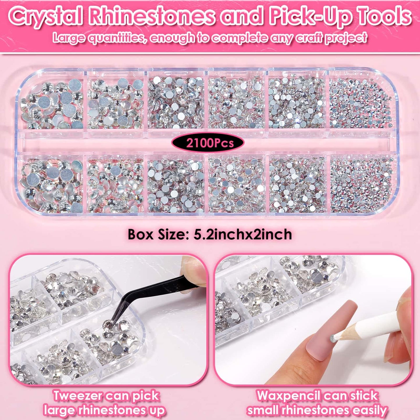 Audab B7000 Jewelry Adhesive Glue with Glass Rhinestones for Crafts, 2100Pcs Flat Back Gems Crystal Not Resin Rhinestones with Tweezer Clear Glue for DIY Clothes Fabric Shoes Jewelry Making Nail Art