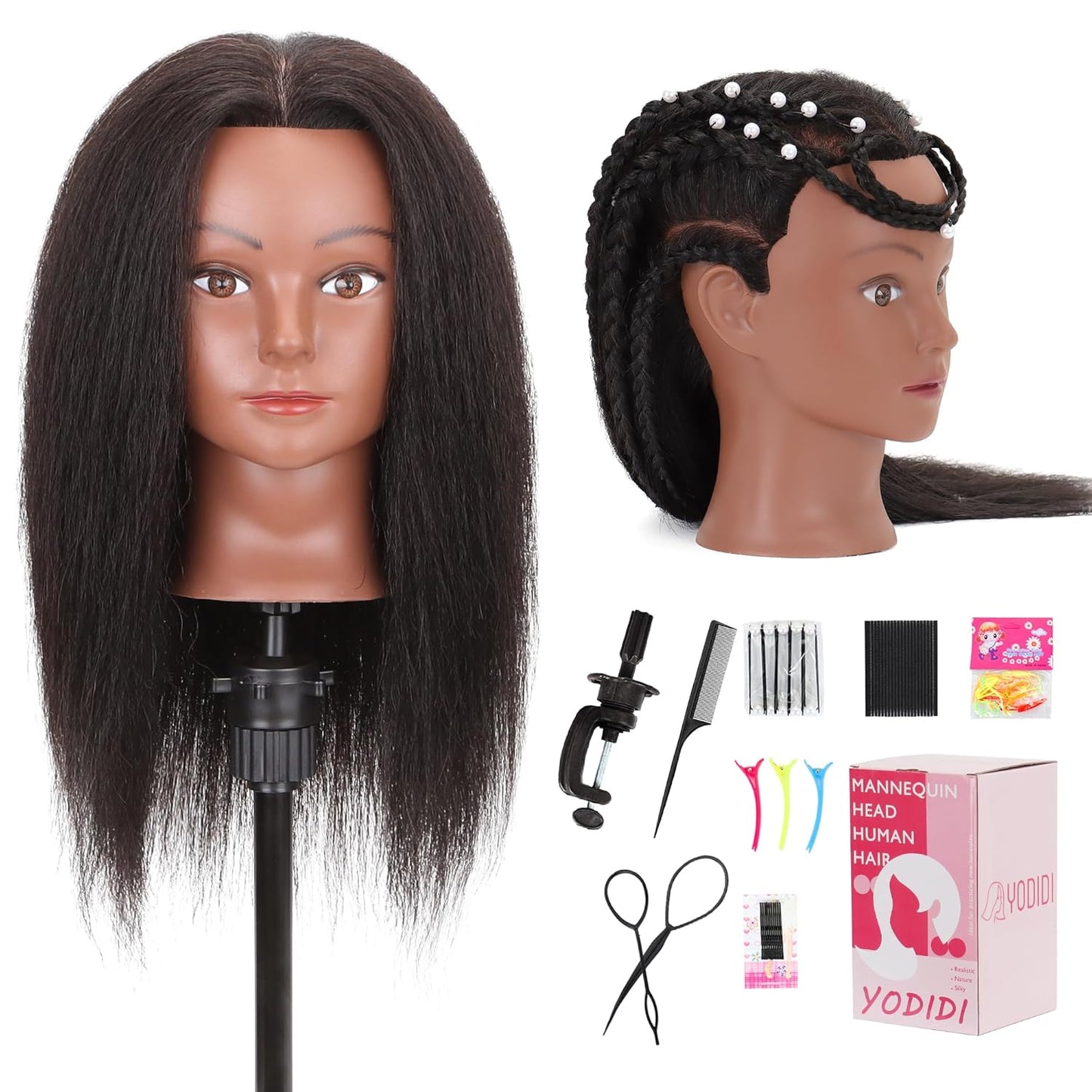 Mannequin Head with 100% Human Hair - Cosmetology Doll Head for Hair Styling | 14-Inch with Clamp & Tools
