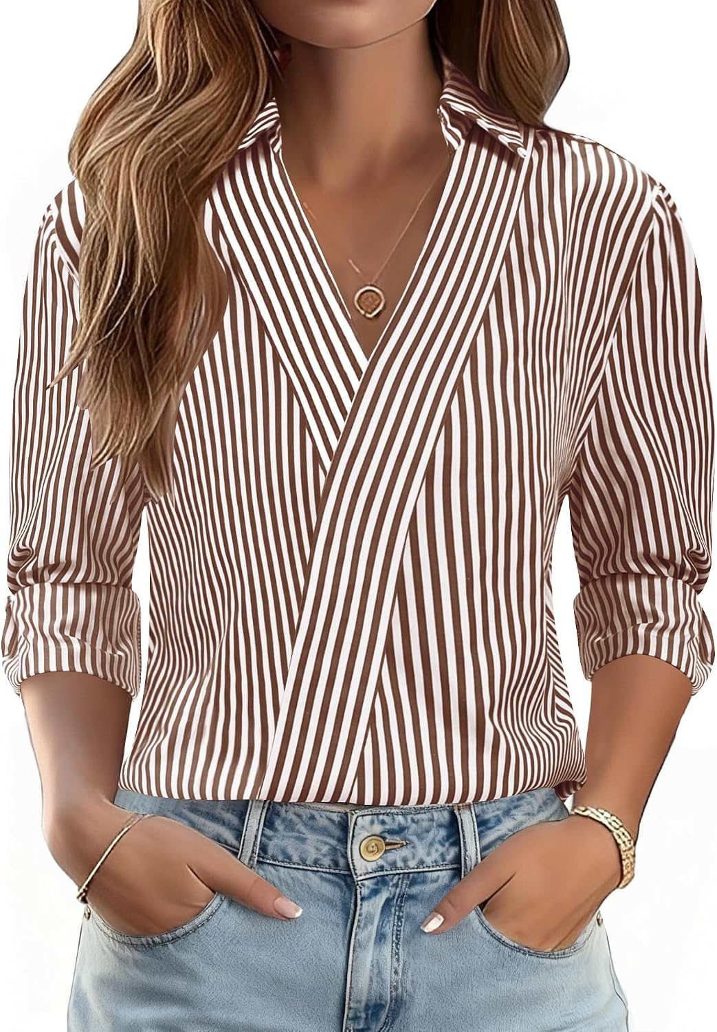 3/4 Length Sleeve Women's Dressy V-Neck Collared Tops - Trendy Business Casual Blouses for Work & Vacation