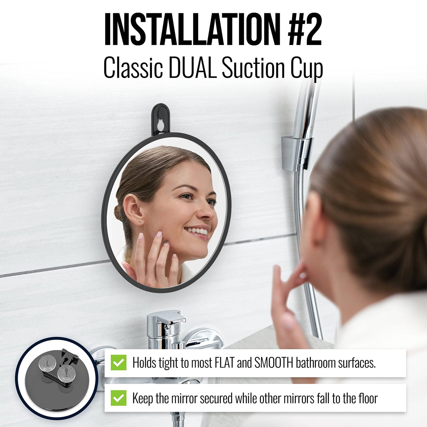 MIRRORVANA Small Shower Mirror for Shaving with 3 Attachment Options: Hook, Suction Cups, Length Adjustable Rope - Portable, Shatterproof, with Bonus Anti-Fog Spray Included - 6" Wide