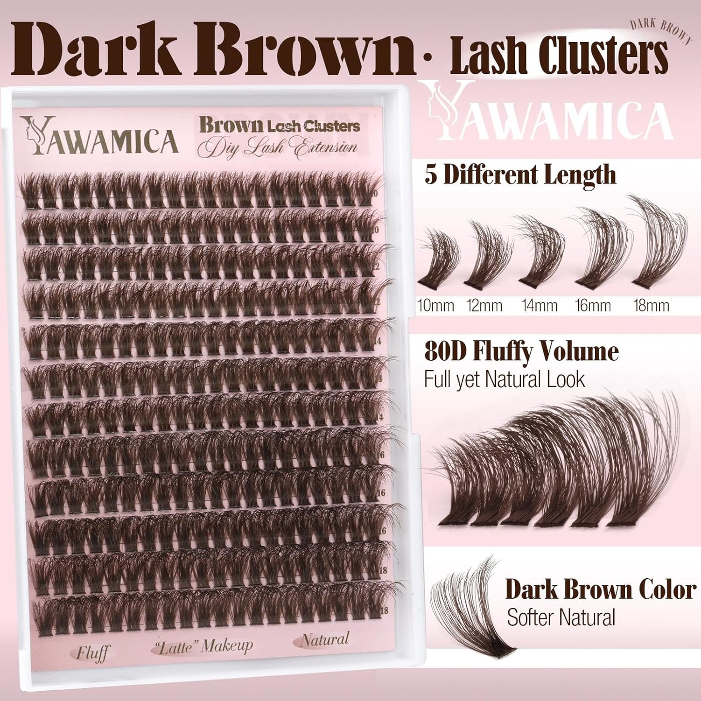 Dark Brown Lash Clusters - 80D Fluffy Wispy Volume Eyelash Extensions | D Curl 10-18mm, 240PCS for Natural Glam Look